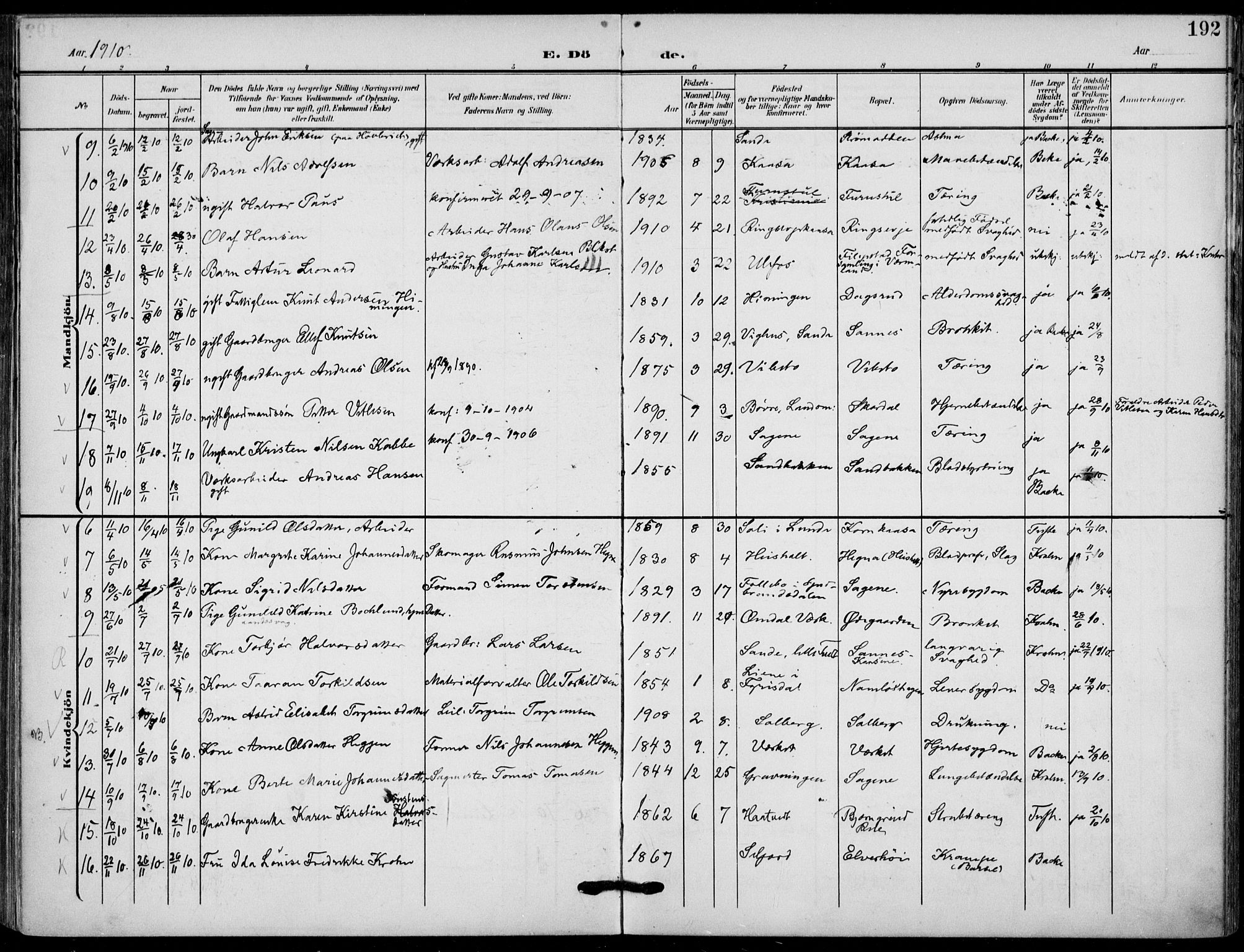 Holla kirkebøker, AV/SAKO-A-272/F/Fa/L0012: Parish register (official) no. 12, 1907-1923, p. 192