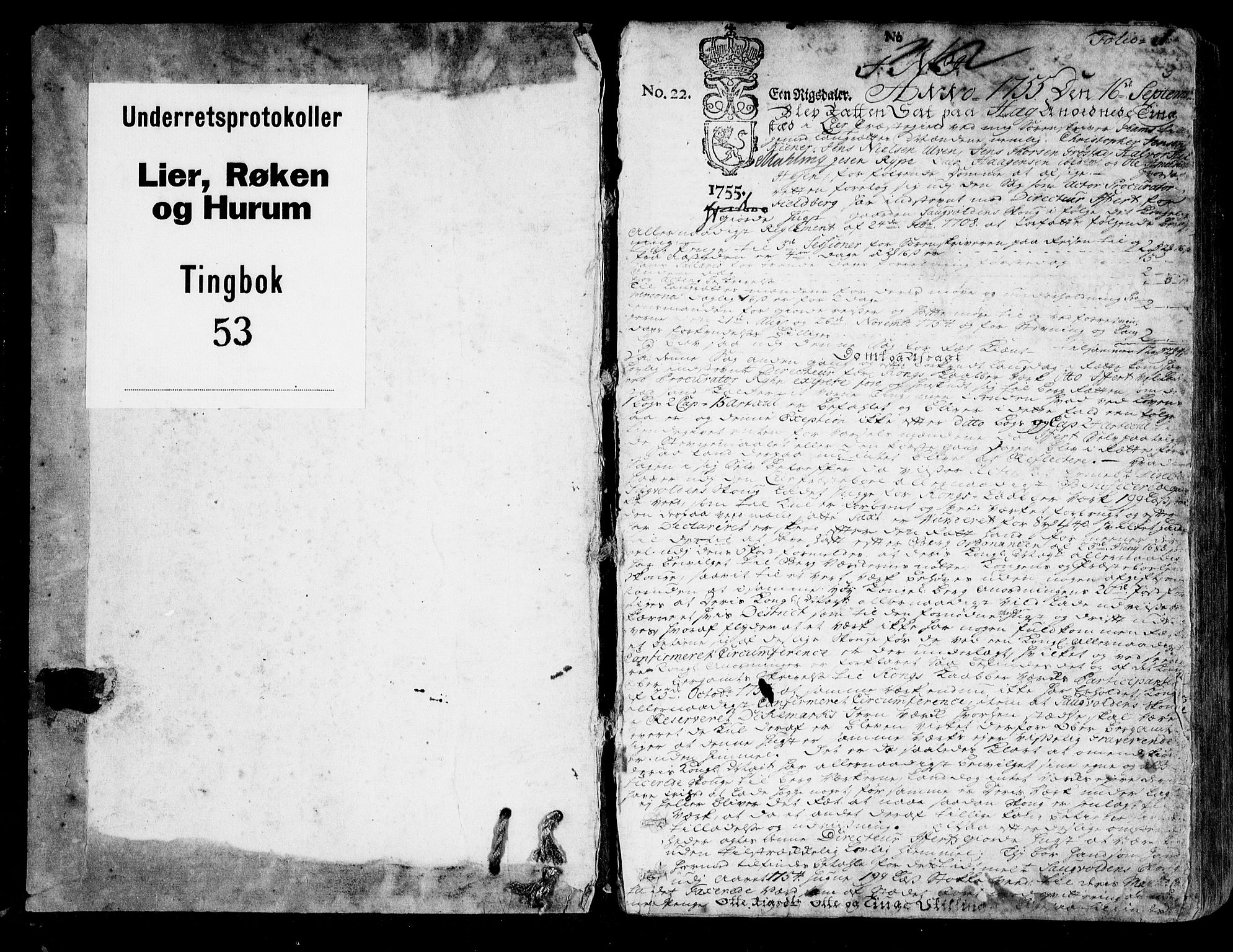 Lier, Røyken og Hurum sorenskriveri, SAKO/A-89/F/Fa/L0053: Tingbok, 1755-1761, p. 1