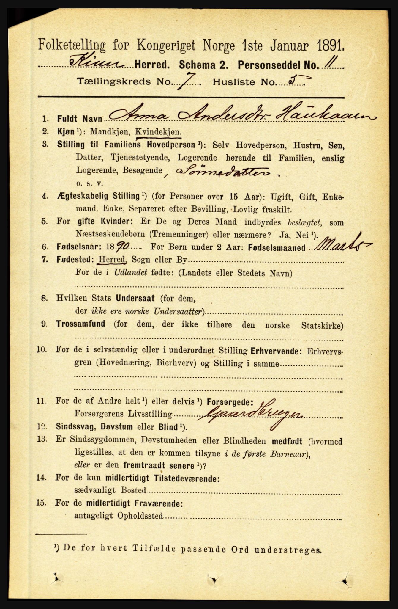 RA, 1891 census for 1437 Kinn, 1891, p. 2710