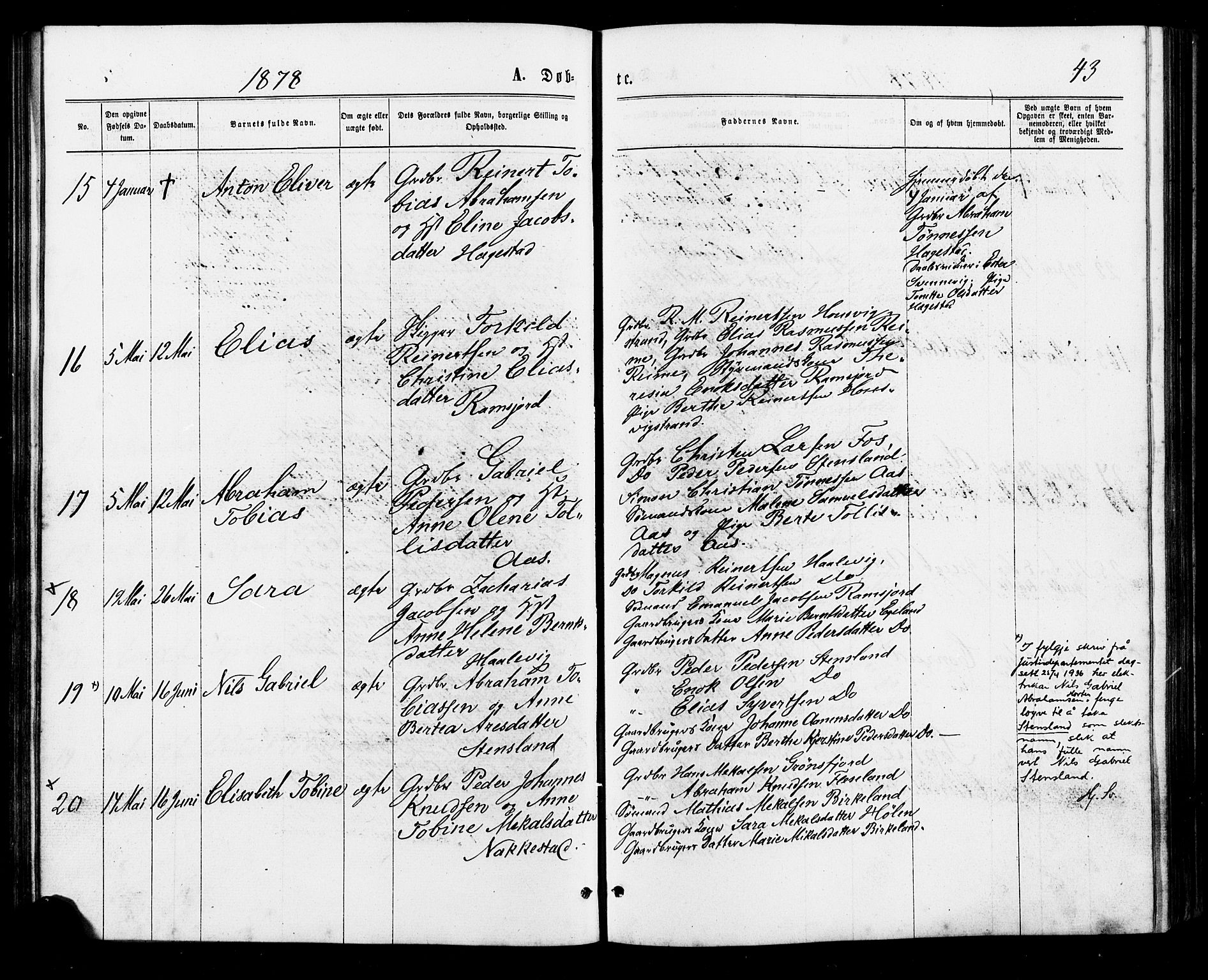 Lyngdal sokneprestkontor, AV/SAK-1111-0029/F/Fa/Faa/L0003: Parish register (official) no. A 3, 1871-1882, p. 43