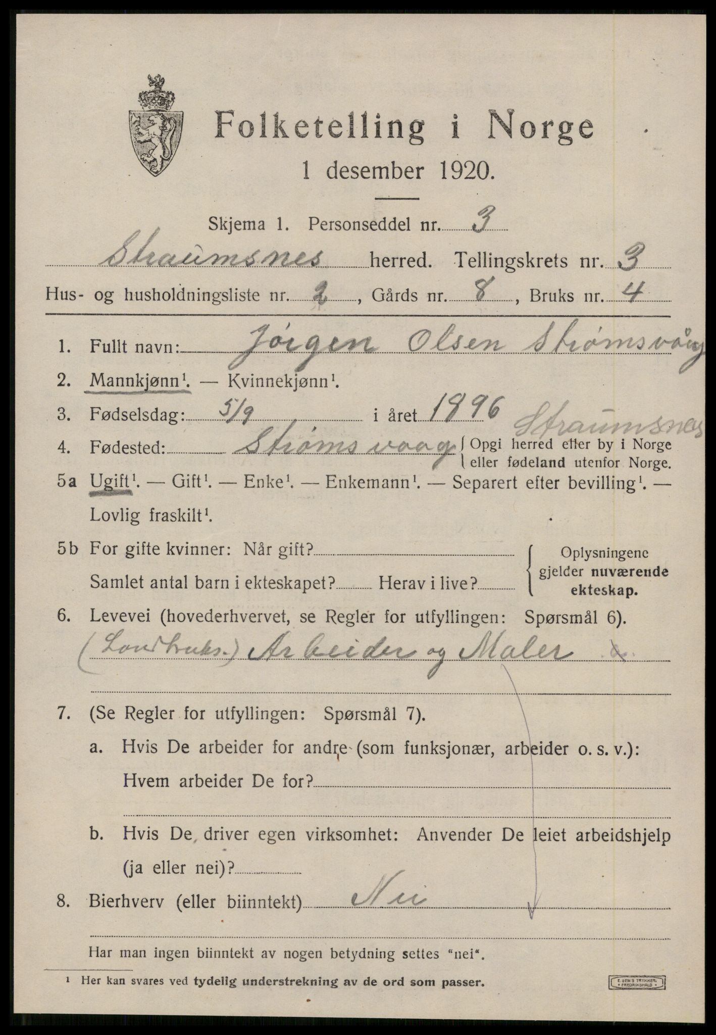 SAT, 1920 census for Straumsnes, 1920, p. 1101