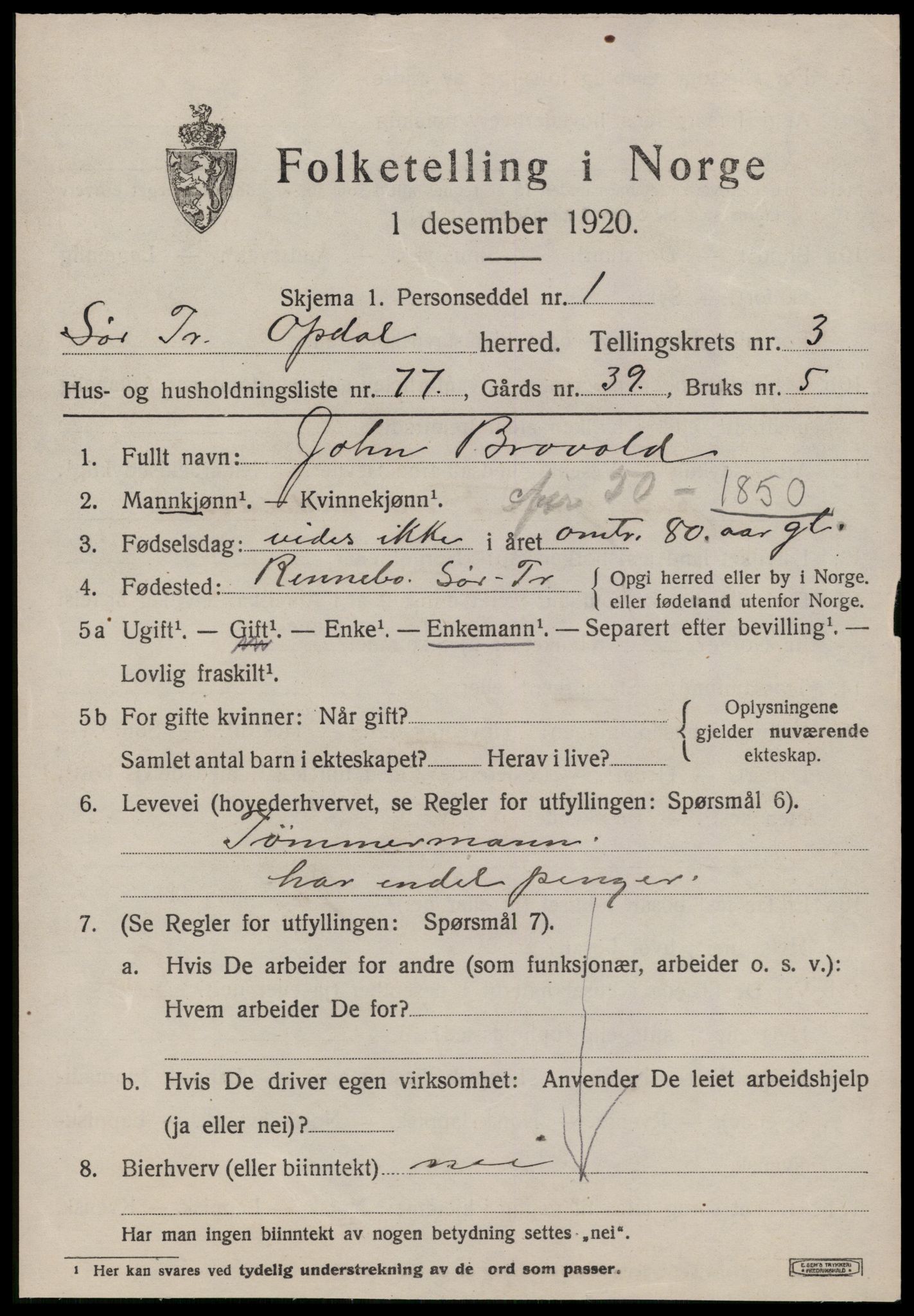 SAT, 1920 census for Oppdal, 1920, p. 4021