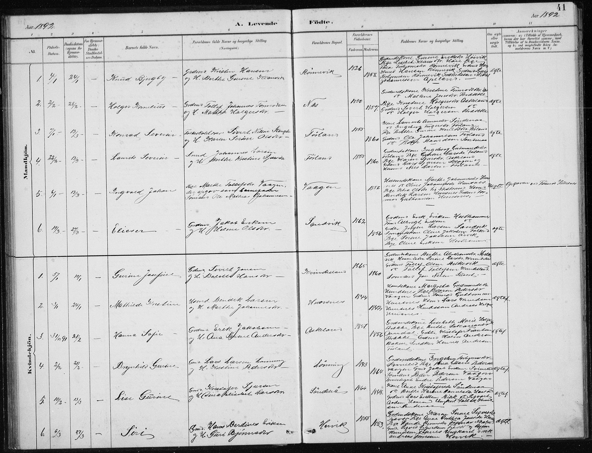 Tysvær sokneprestkontor, SAST/A -101864/H/Ha/Hab/L0004: Parish register (copy) no. B 4, 1883-1896, p. 41