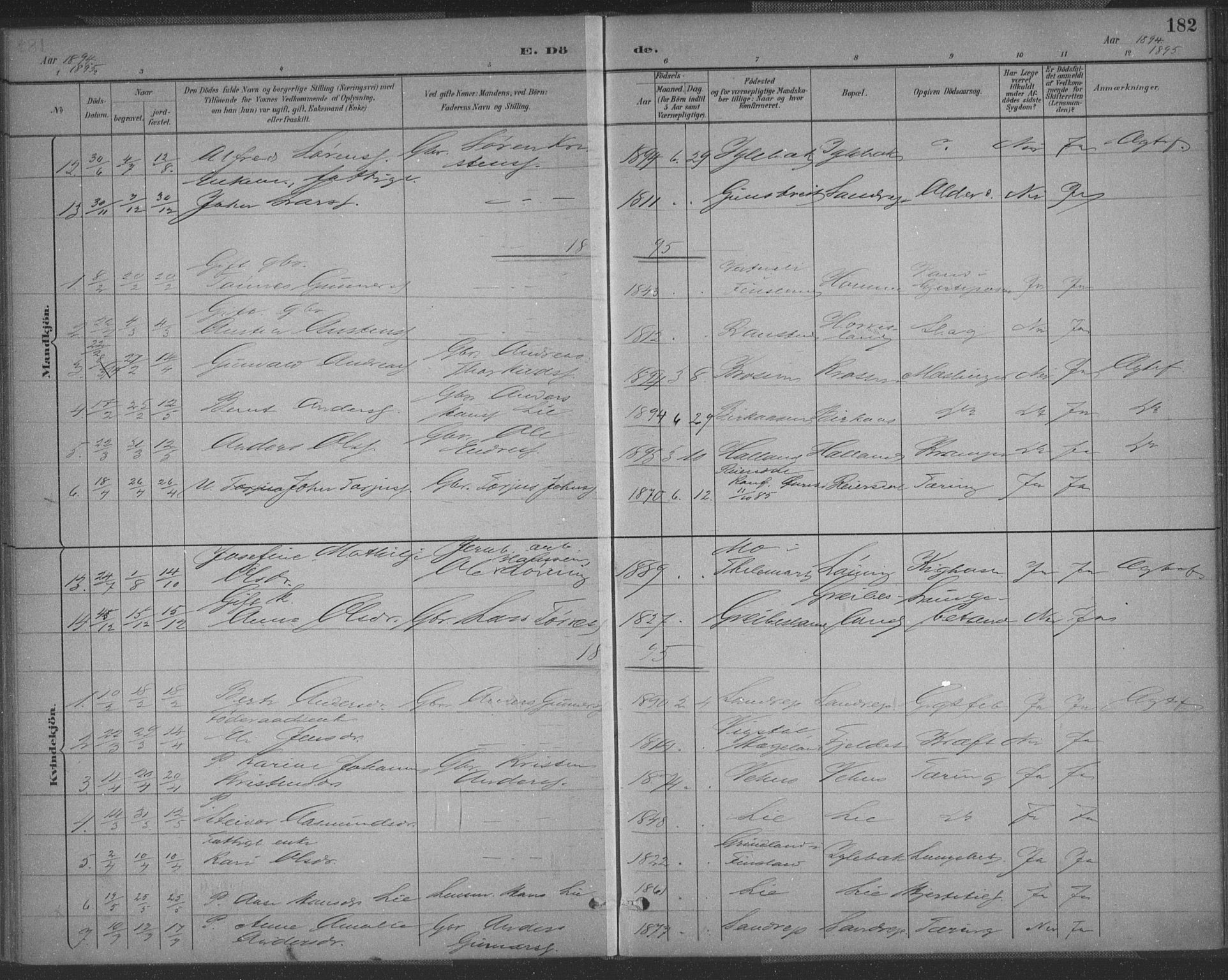 Vennesla sokneprestkontor, AV/SAK-1111-0045/Fa/Fac/L0009: Parish register (official) no. A 9, 1884-1901, p. 182