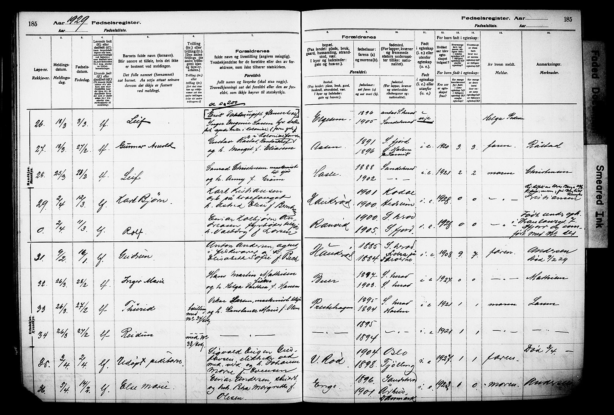 Sandar kirkebøker, AV/SAKO-A-243/J/Ja/L0002: Birth register no. 2, 1922-1929, p. 185