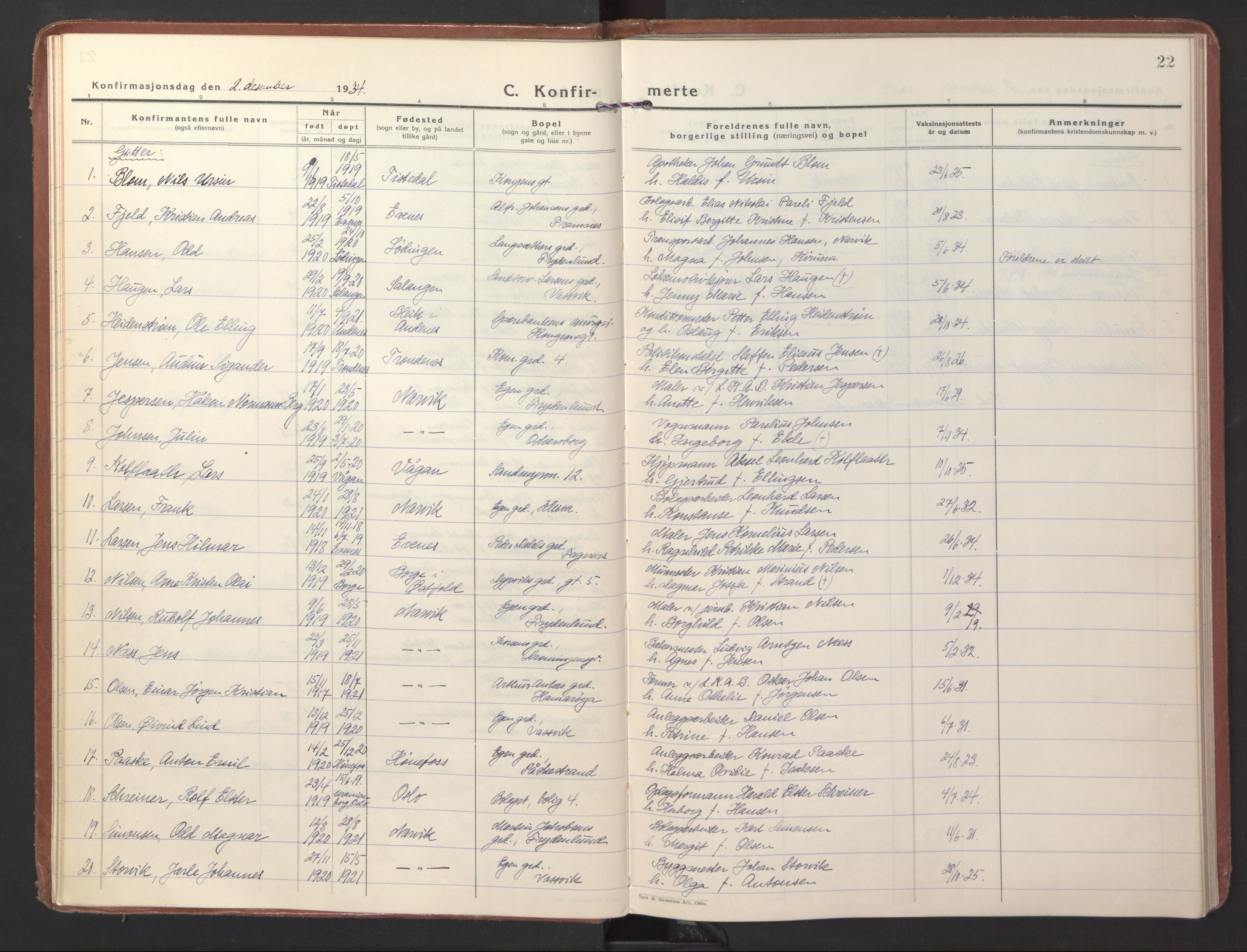 Ministerialprotokoller, klokkerbøker og fødselsregistre - Nordland, AV/SAT-A-1459/871/L1007: Parish register (official) no. 871A23, 1932-1942, p. 22