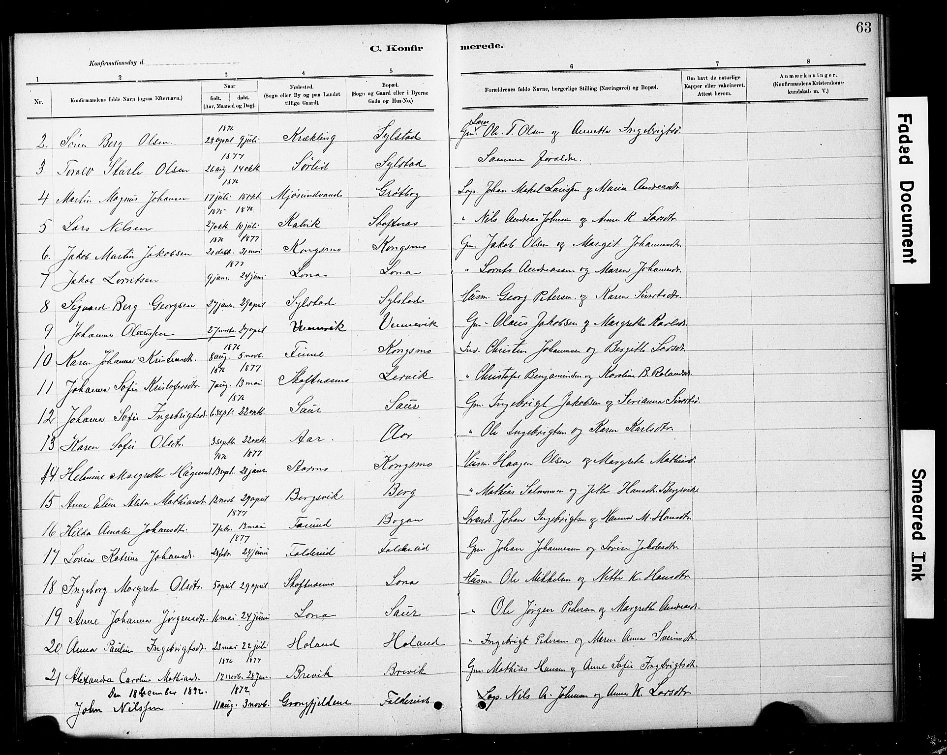 Ministerialprotokoller, klokkerbøker og fødselsregistre - Nord-Trøndelag, SAT/A-1458/783/L0661: Parish register (copy) no. 783C01, 1878-1893, p. 63