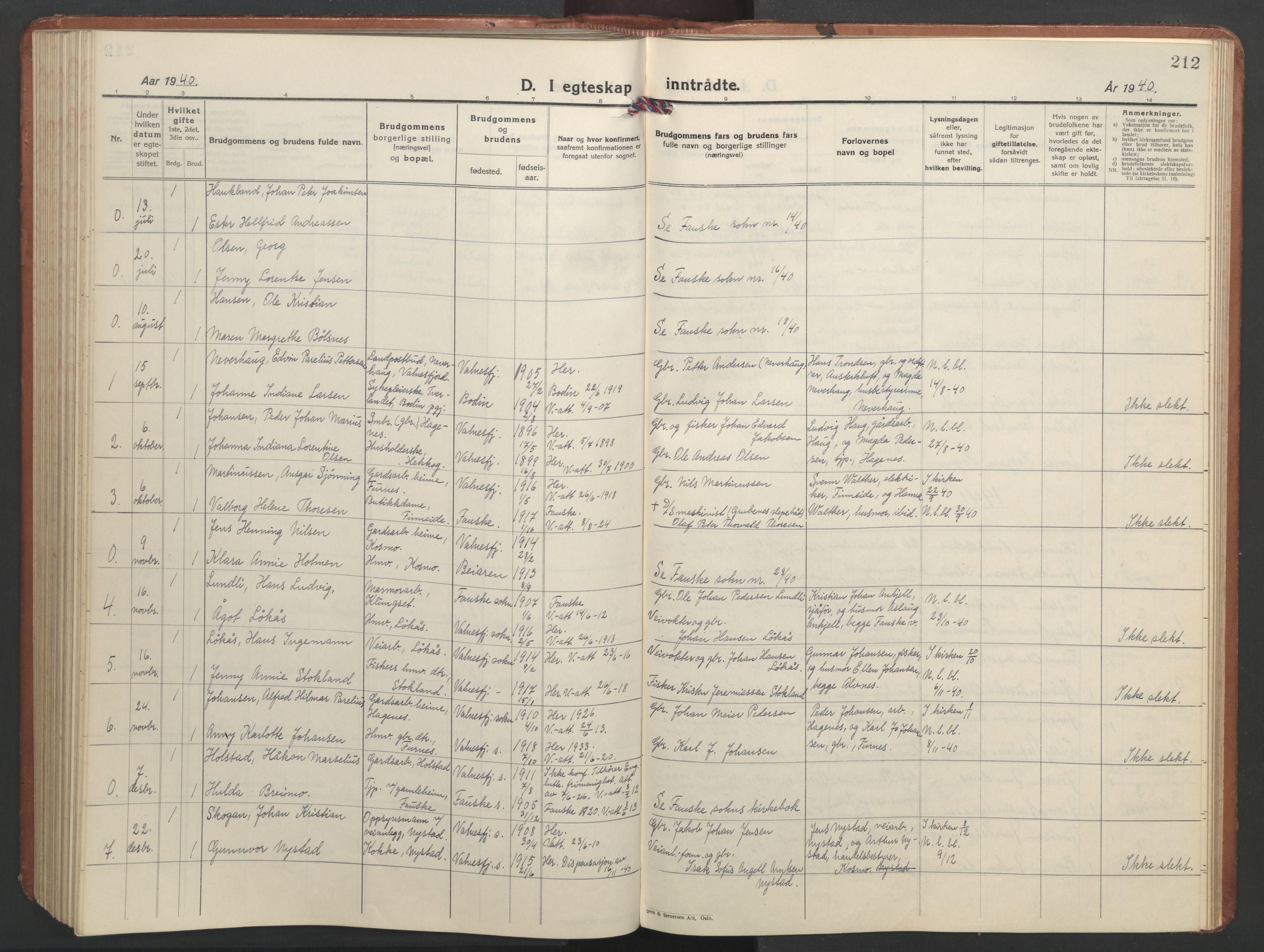 Ministerialprotokoller, klokkerbøker og fødselsregistre - Nordland, AV/SAT-A-1459/851/L0727: Parish register (copy) no. 851C02, 1925-1948, p. 212