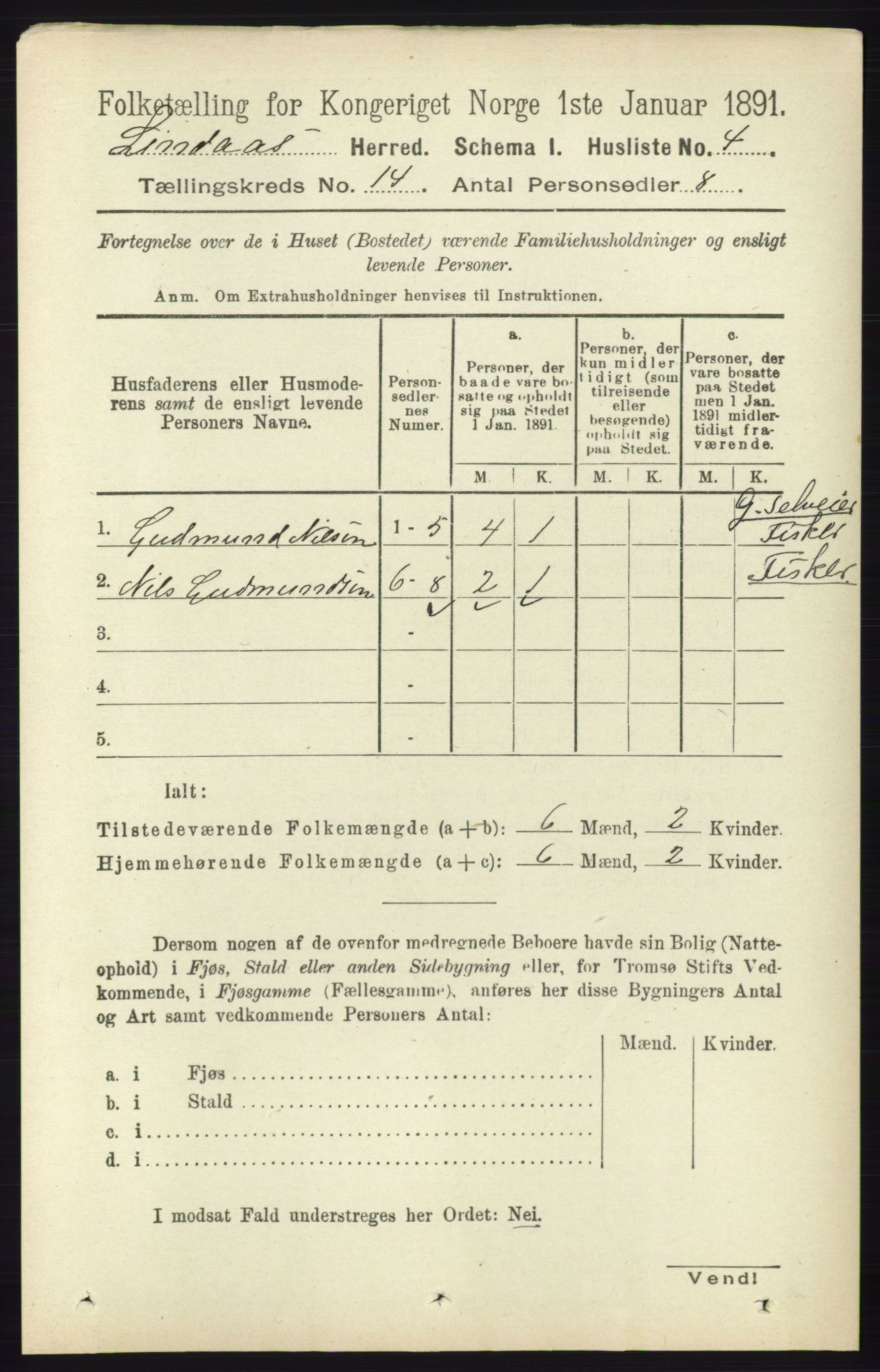 RA, 1891 census for 1263 Lindås, 1891, p. 4839