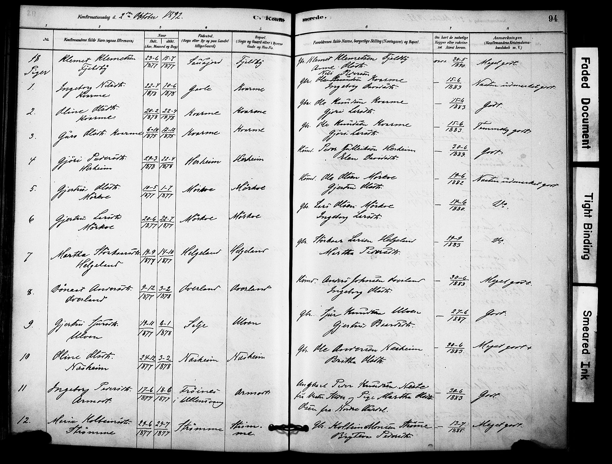 Vossestrand Sokneprestembete, SAB/A-79101/H/Haa: Parish register (official) no. C 1, 1878-1903, p. 94