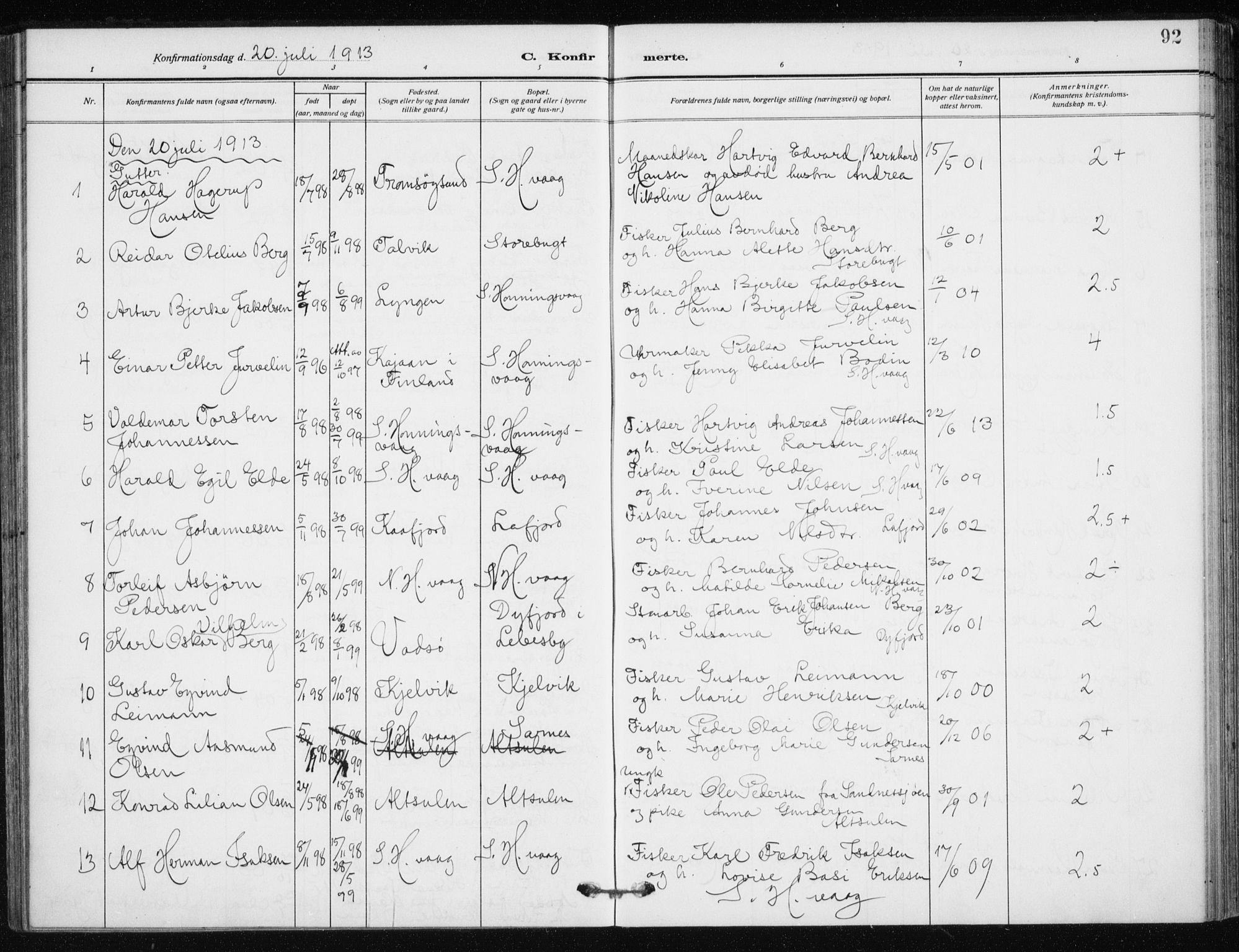 Kjelvik/Nordkapp sokneprestkontor, SATØ/S-1350/H/Ha/L0001kirke: Parish register (official) no. 1, 1911-1919, p. 92
