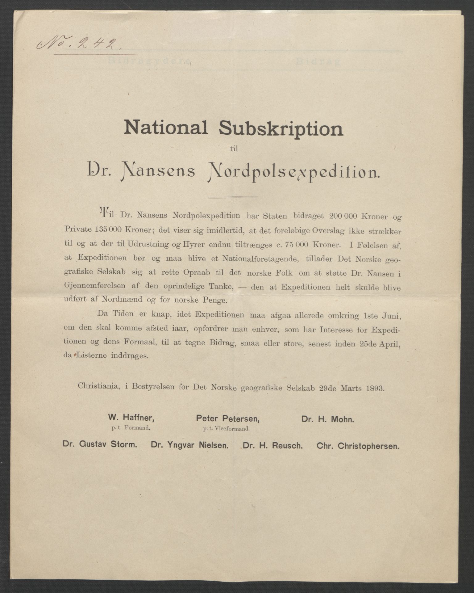 Arbeidskomitéen for Fridtjof Nansens polarekspedisjon, AV/RA-PA-0061/D/L0001/0004: Pengeinnsamlingen / Bidragslister med følgebrev, 1893, p. 24