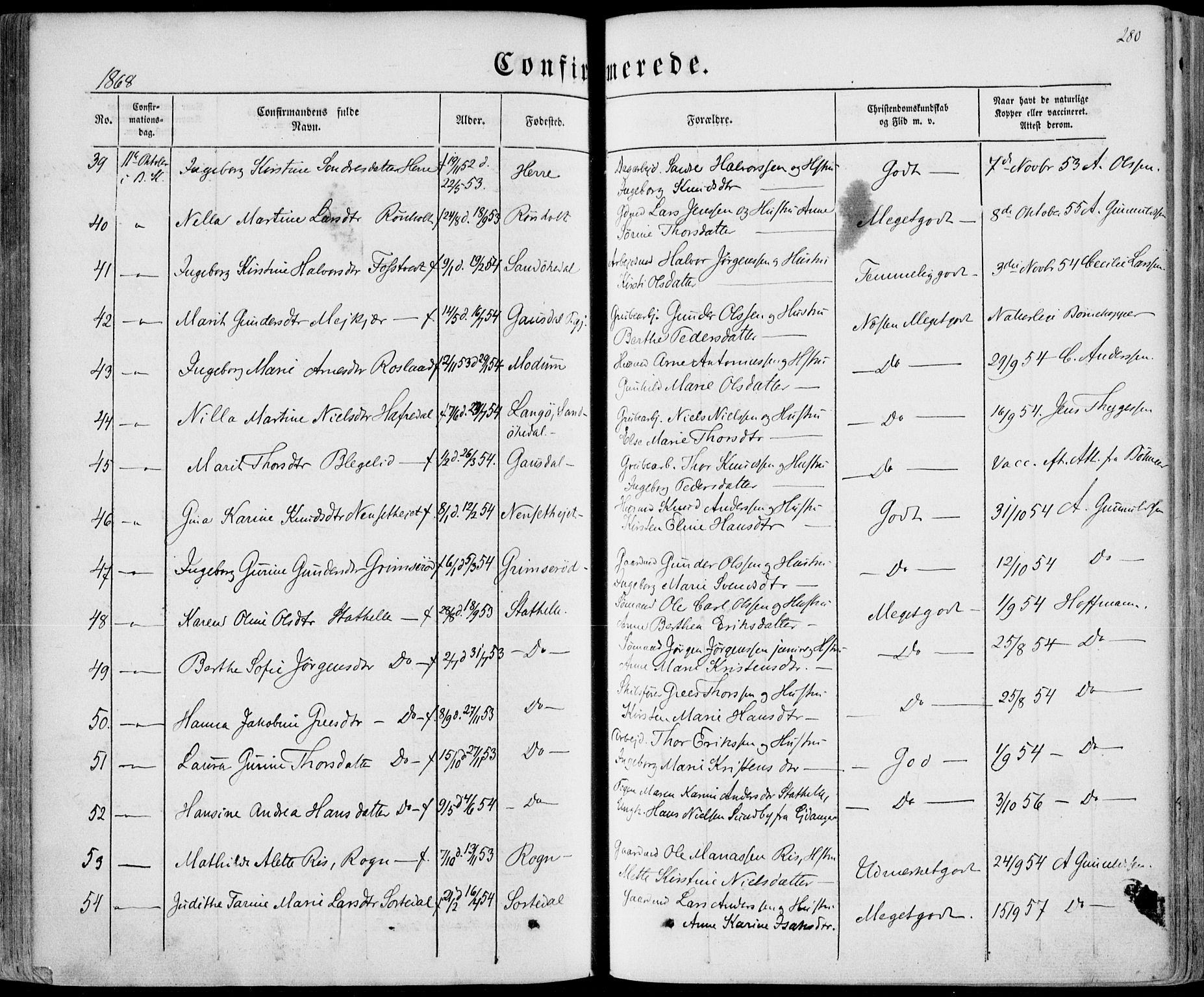 Bamble kirkebøker, SAKO/A-253/F/Fa/L0005: Parish register (official) no. I 5, 1854-1869, p. 280