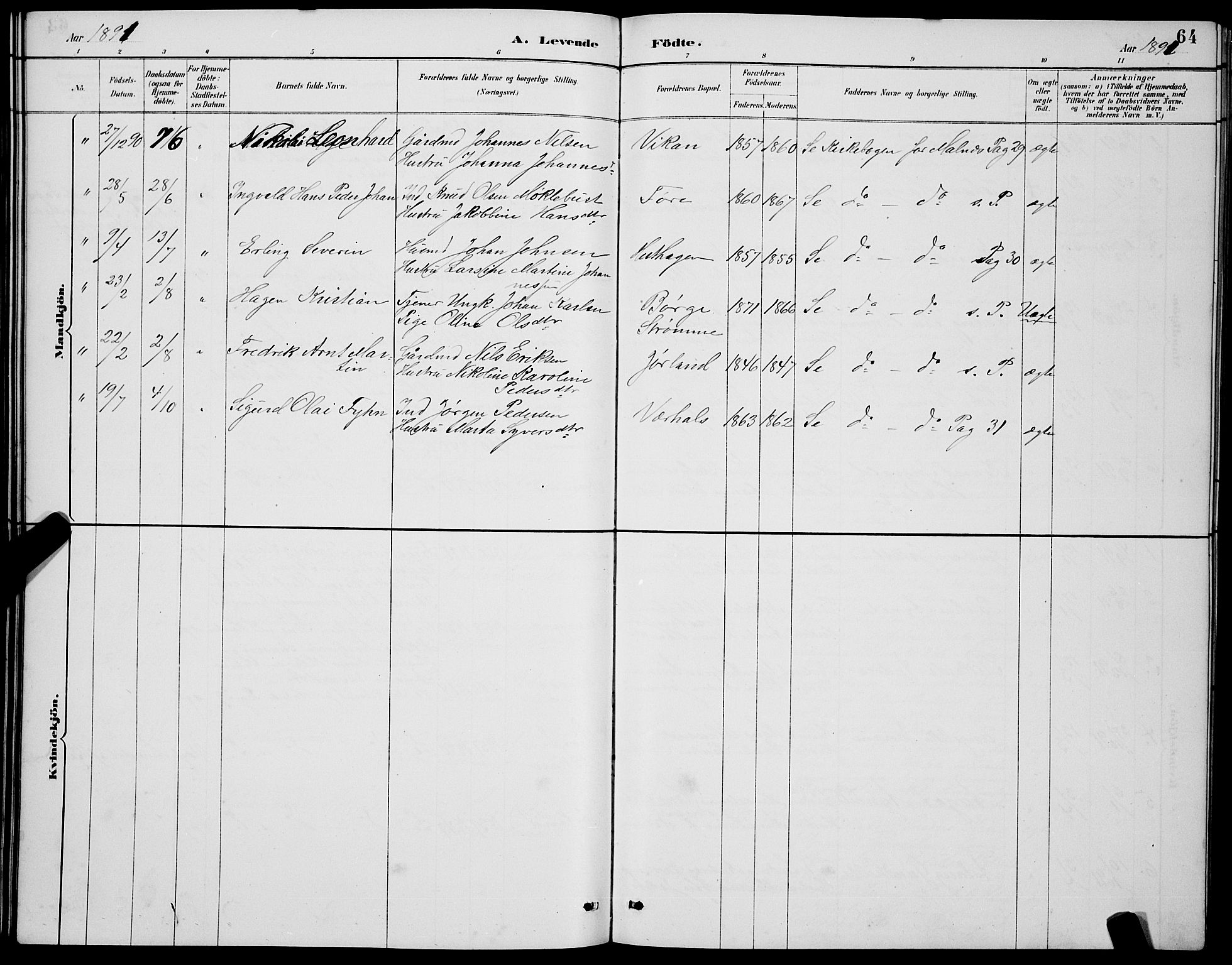 Ministerialprotokoller, klokkerbøker og fødselsregistre - Nordland, AV/SAT-A-1459/891/L1315: Parish register (copy) no. 891C04, 1886-1893, p. 64