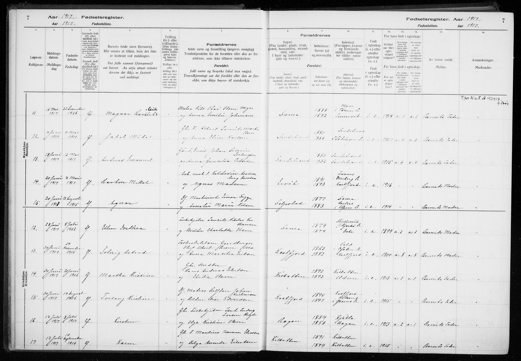 Trondenes sokneprestkontor, SATØ/S-1319/I/Ia/L0089: Birth register no. 89, 1916-1925, p. 7