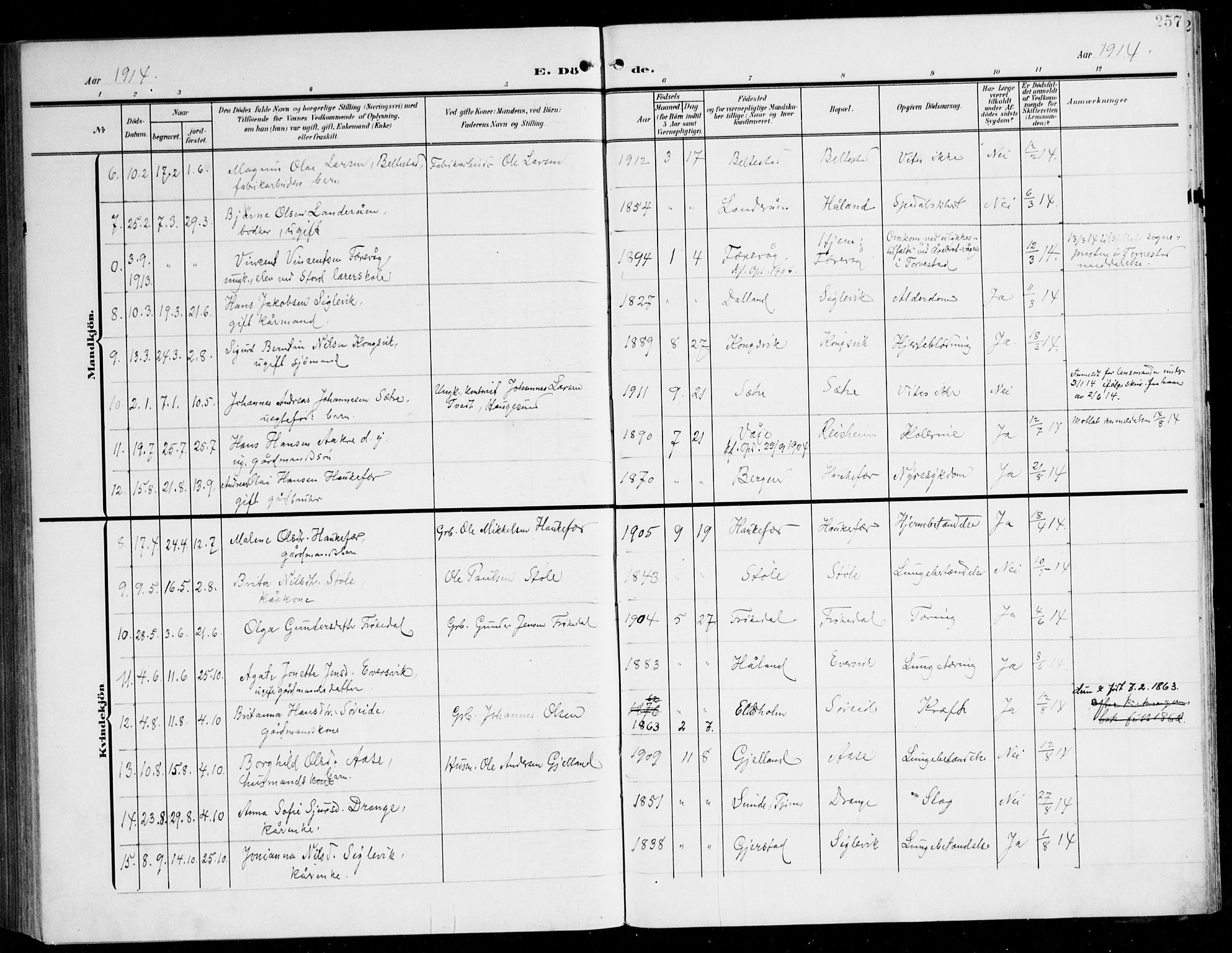 Tysnes sokneprestembete, AV/SAB-A-78601/H/Haa: Parish register (official) no. D 2, 1905-1922, p. 257