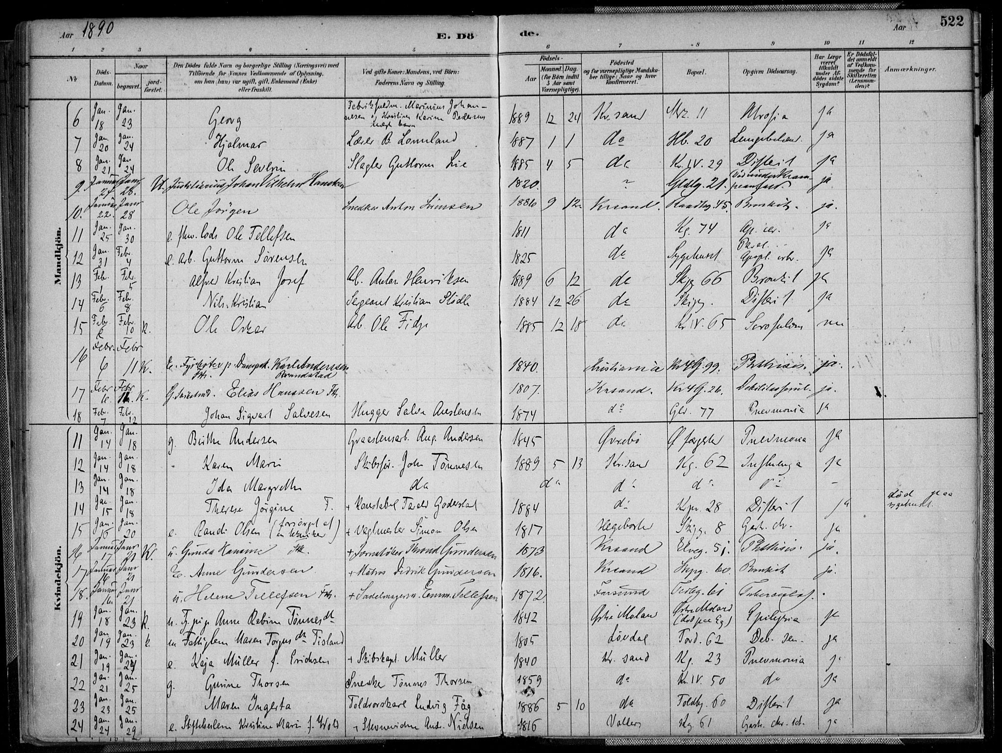 Kristiansand domprosti, SAK/1112-0006/F/Fa/L0017: Parish register (official) no. A 16B, 1880-1890, p. 522