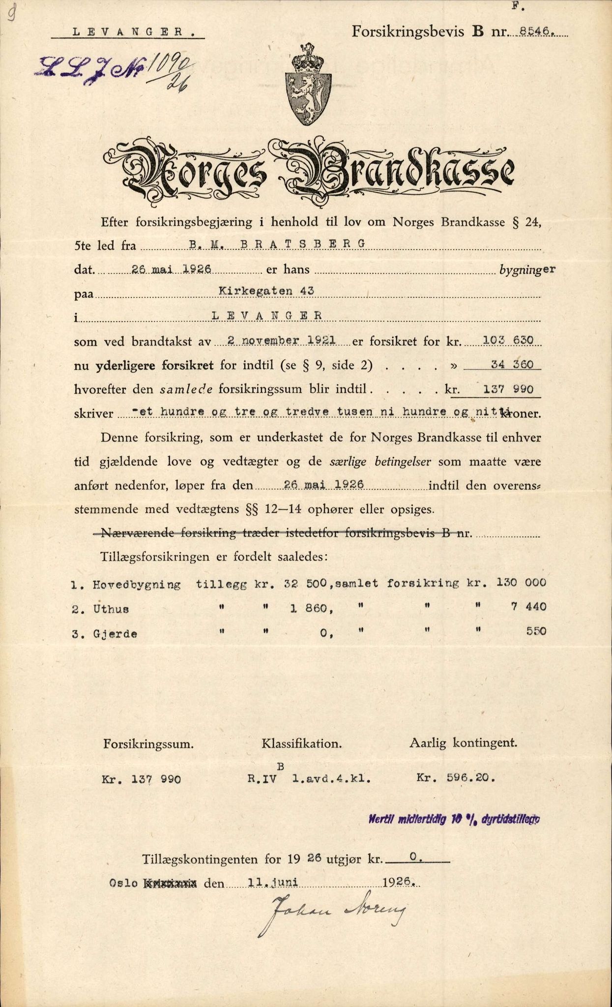 Bård Toldnes samling - lokalia fra Levanger, TIKA/PA-1549/F/L0003: Forsikringer, 1914-1926