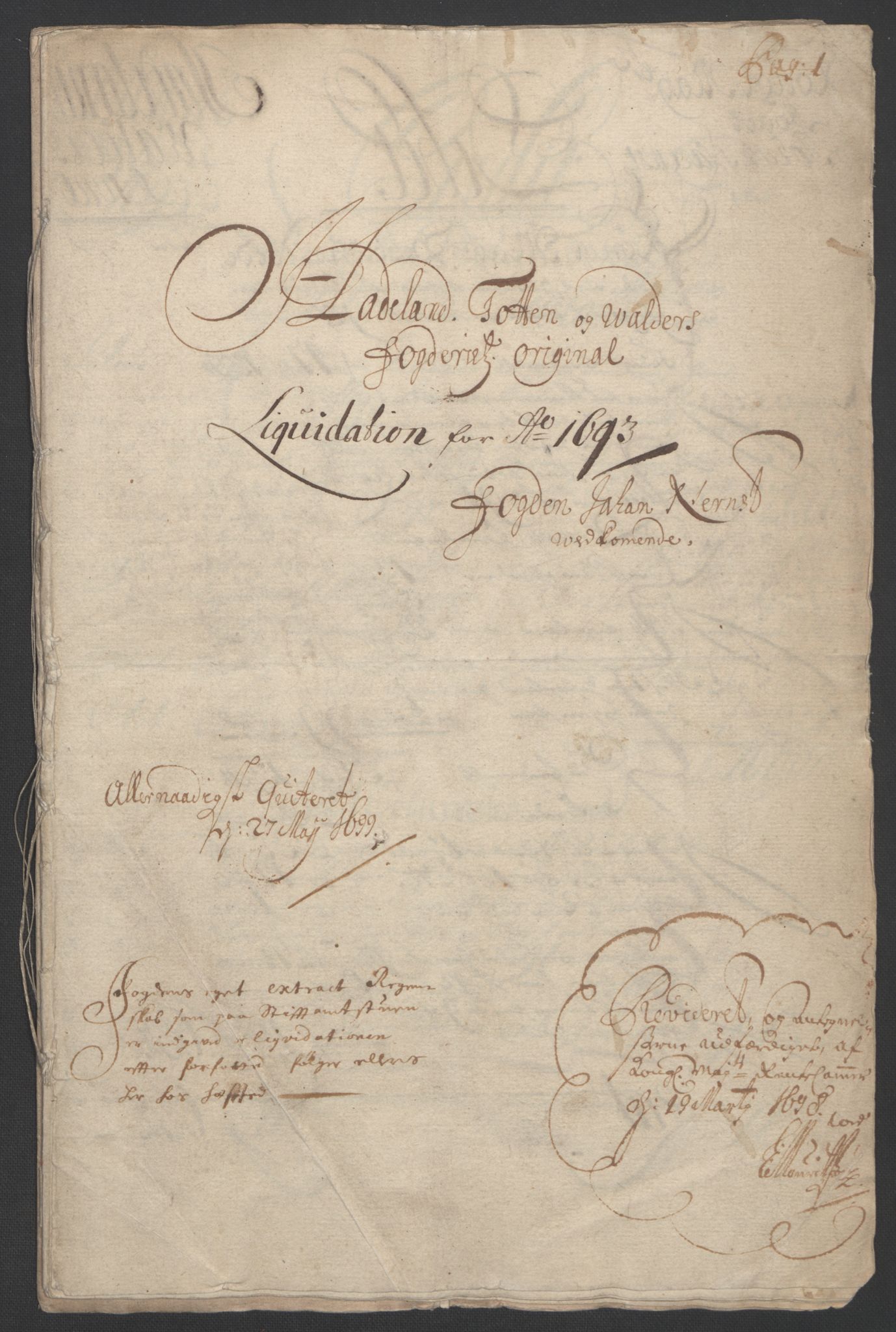 Rentekammeret inntil 1814, Reviderte regnskaper, Fogderegnskap, RA/EA-4092/R18/L1292: Fogderegnskap Hadeland, Toten og Valdres, 1693-1694, p. 3