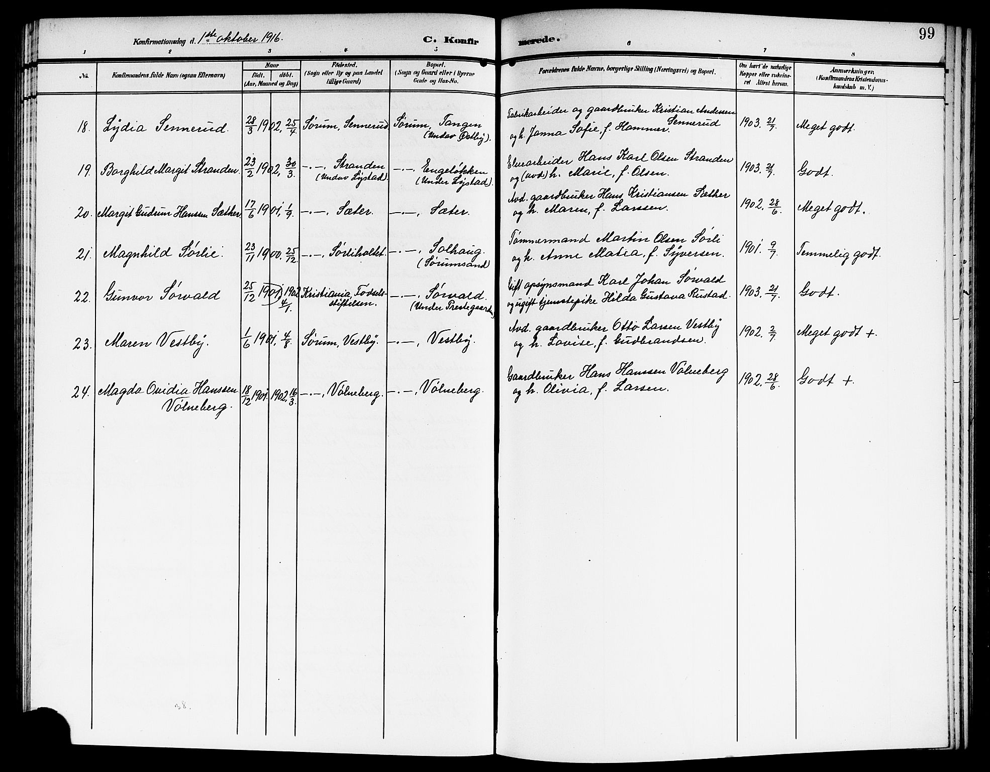 Sørum prestekontor Kirkebøker, SAO/A-10303/G/Ga/L0007: Parish register (copy) no. I 7, 1907-1917, p. 99