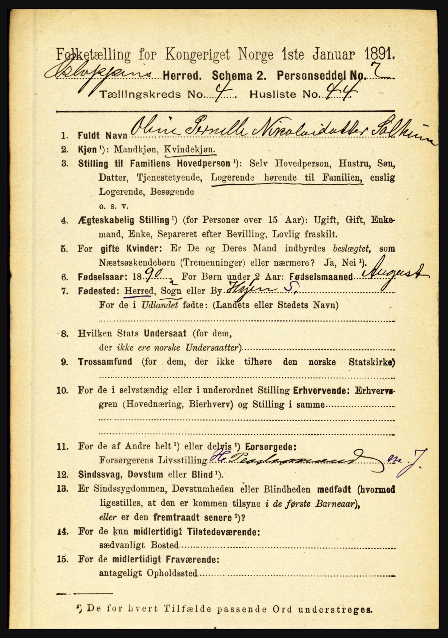 RA, 1891 census for 1445 Gloppen, 1891, p. 2032