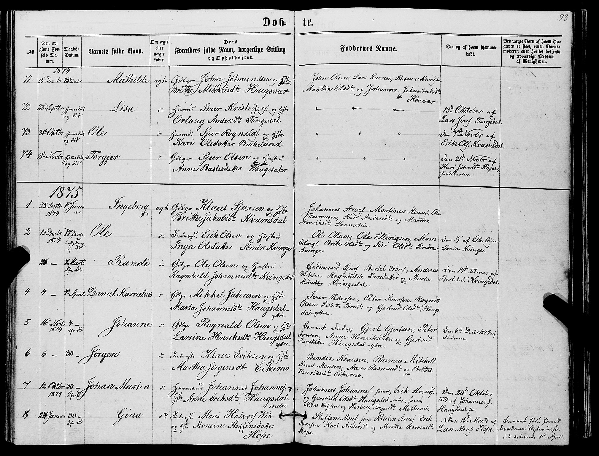 Masfjorden Sokneprestembete, SAB/A-77001: Parish register (copy) no. A 1, 1851-1875, p. 93