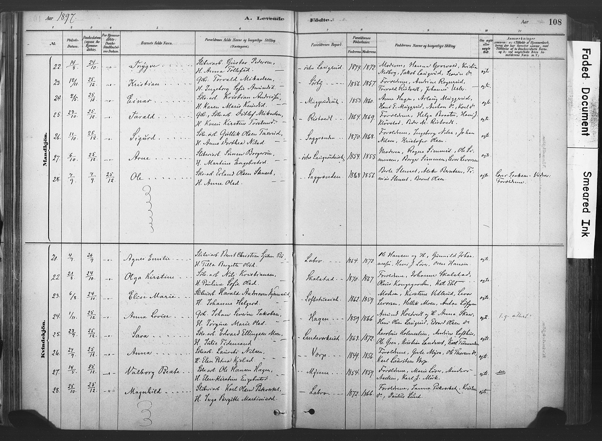 Sandsvær kirkebøker, AV/SAKO-A-244/F/Fd/L0001: Parish register (official) no. IV 1, 1878-1906, p. 108