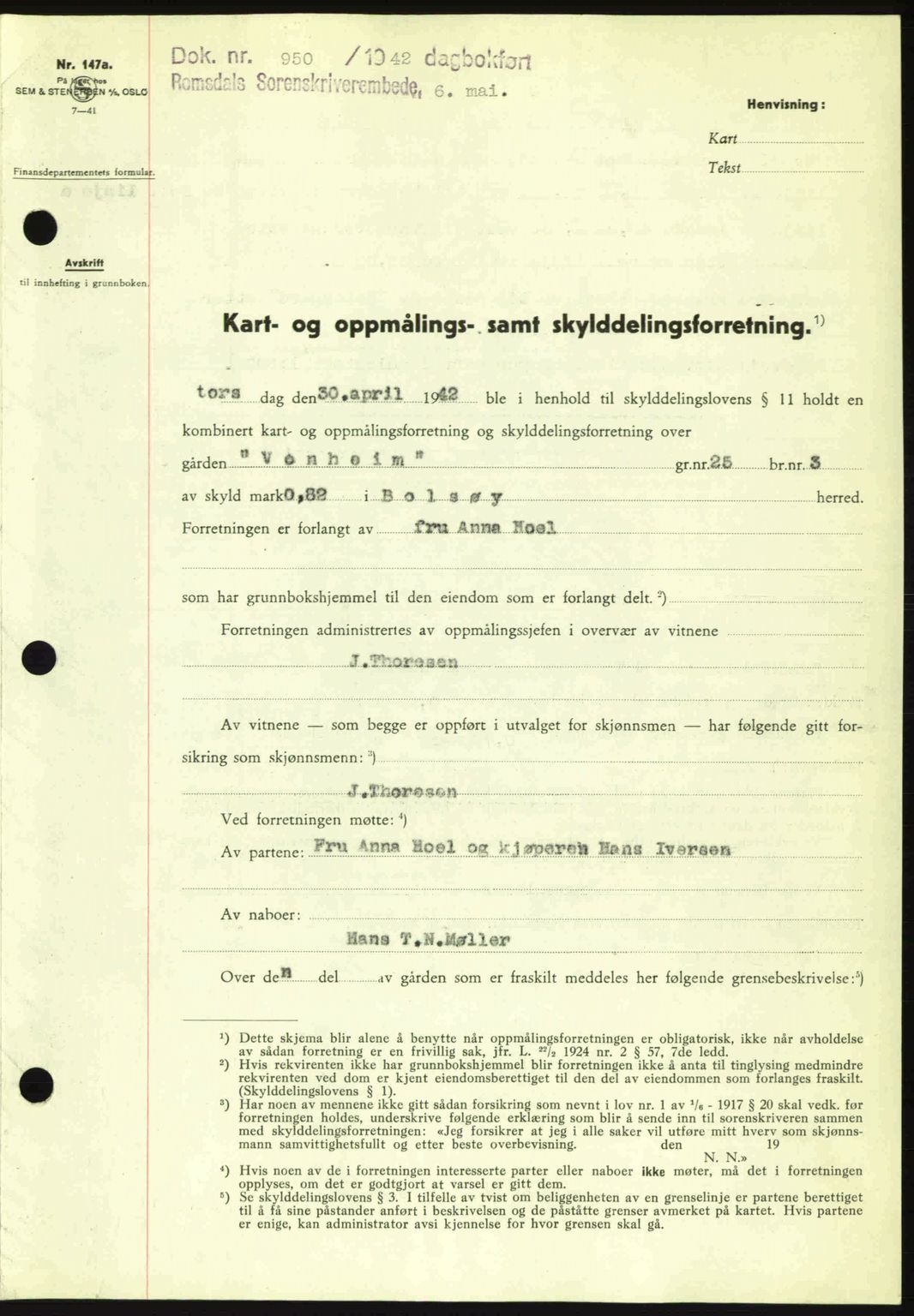 Romsdal sorenskriveri, AV/SAT-A-4149/1/2/2C: Mortgage book no. A12, 1942-1942, Diary no: : 950/1942