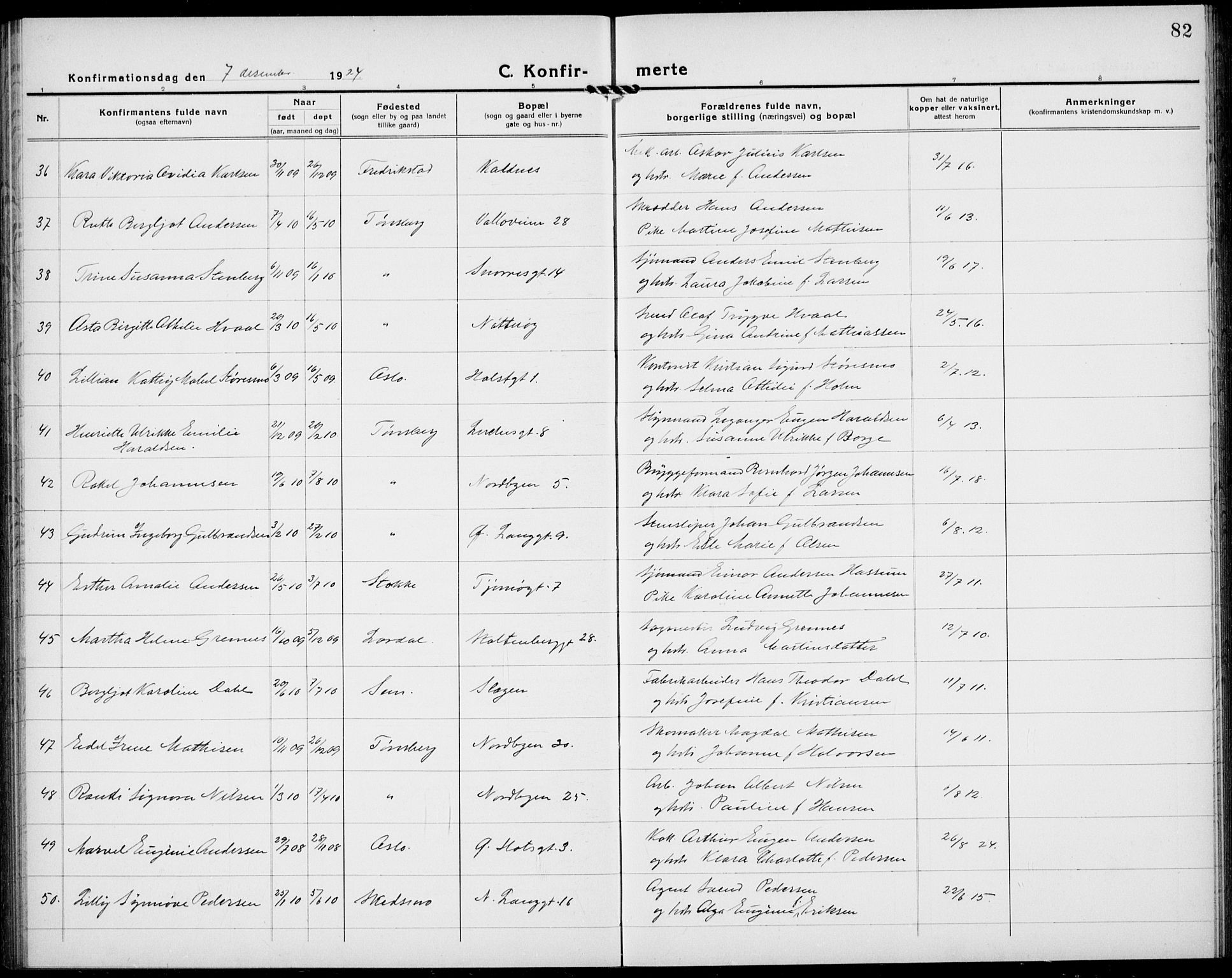 Tønsberg kirkebøker, AV/SAKO-A-330/G/Ga/L0013: Parish register (copy) no. 13, 1920-1929, p. 82