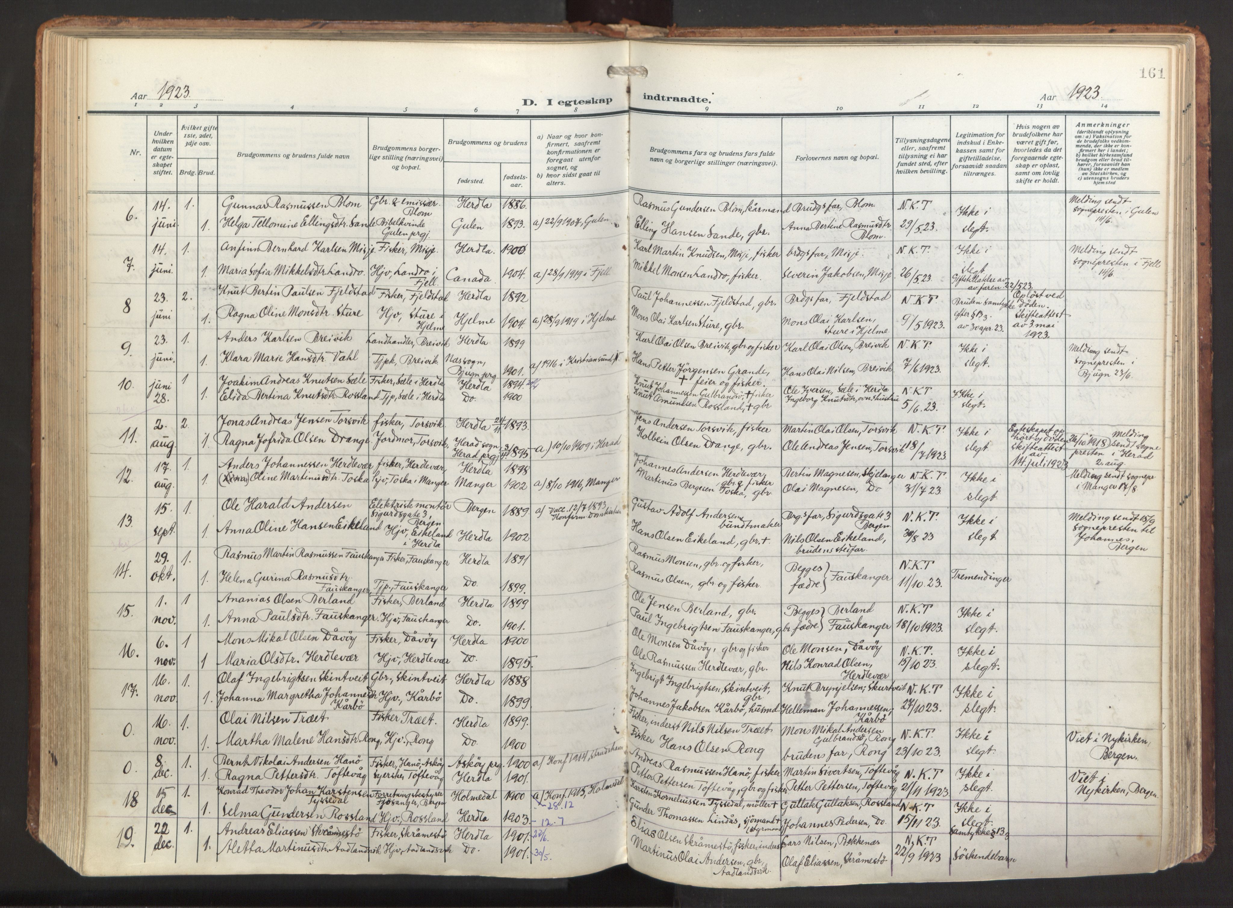 Herdla Sokneprestembete, SAB/A-75701/H/Haa: Parish register (official) no. A 6, 1918-1933, p. 161