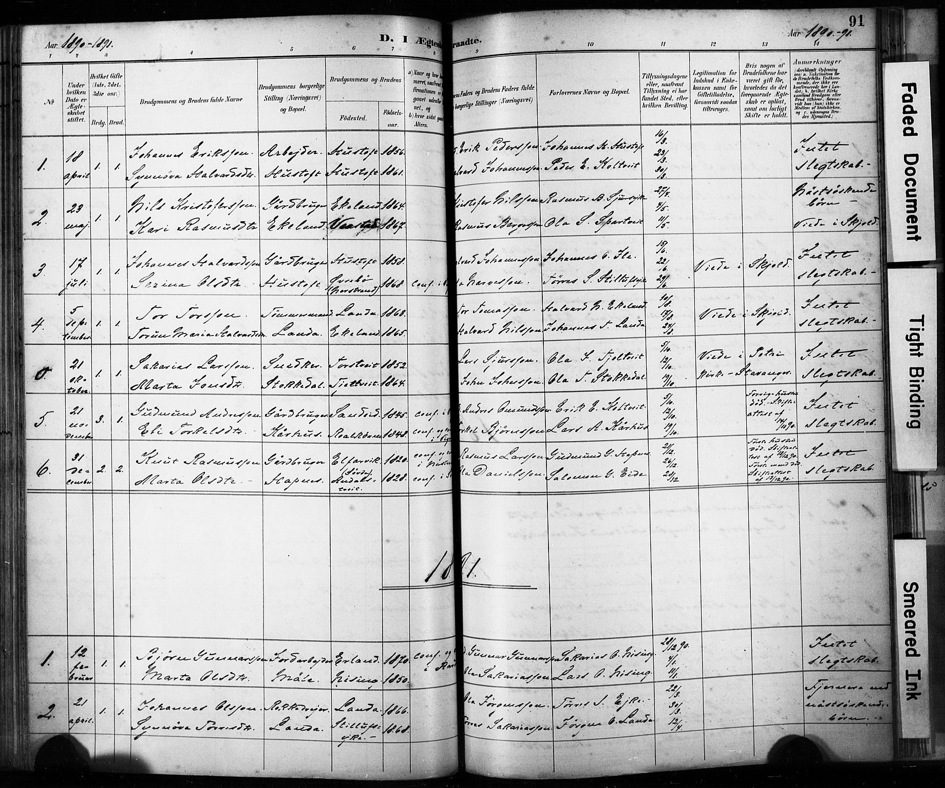 Skjold sokneprestkontor, AV/SAST-A-101847/H/Ha/Haa/L0009: Parish register (official) no. A 9, 1882-1898, p. 91