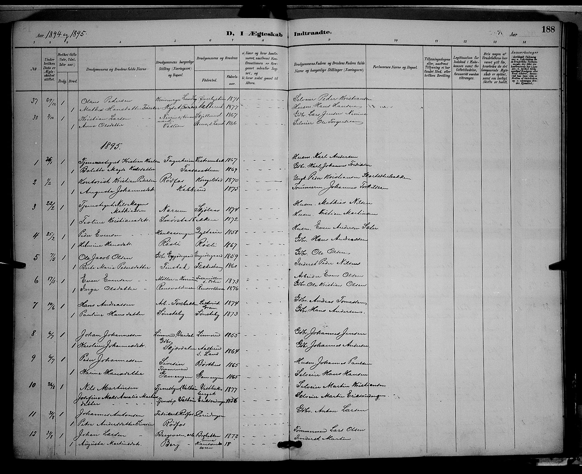 Vestre Toten prestekontor, SAH/PREST-108/H/Ha/Hab/L0009: Parish register (copy) no. 9, 1888-1900, p. 188