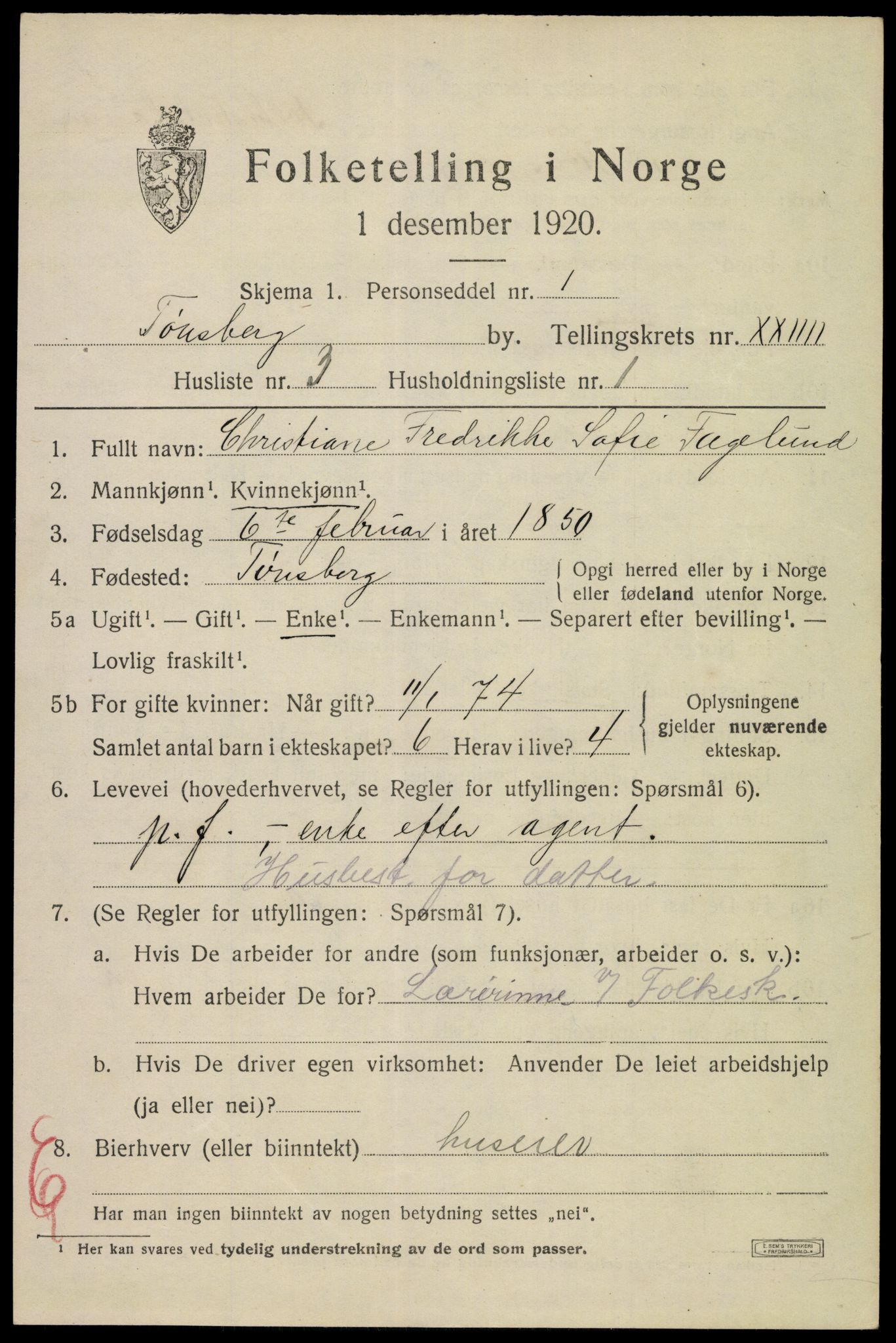 SAKO, 1920 census for Tønsberg, 1920, p. 33295