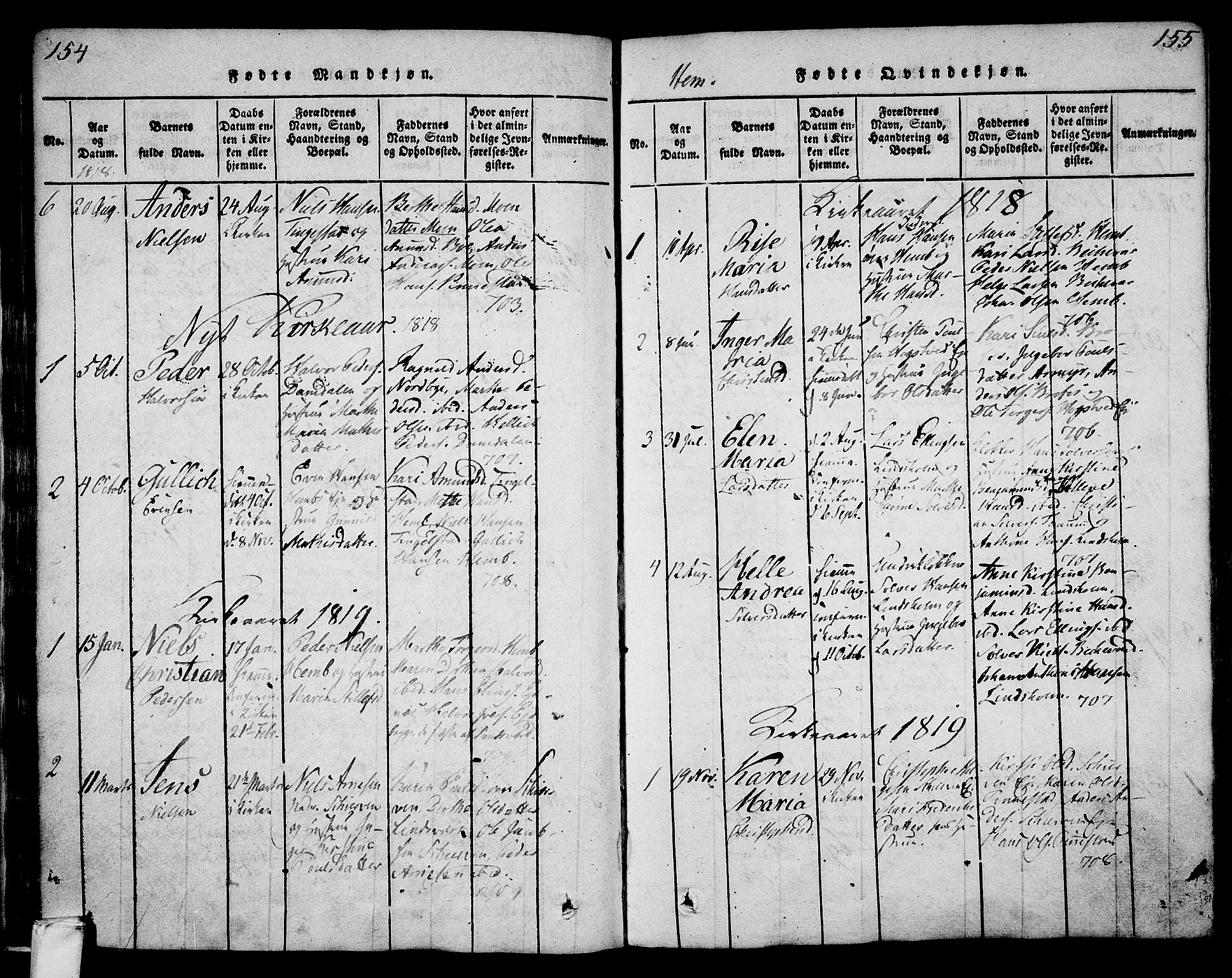 Lardal kirkebøker, SAKO/A-350/F/Fa/L0005: Parish register (official) no. I 5, 1814-1835, p. 154-155