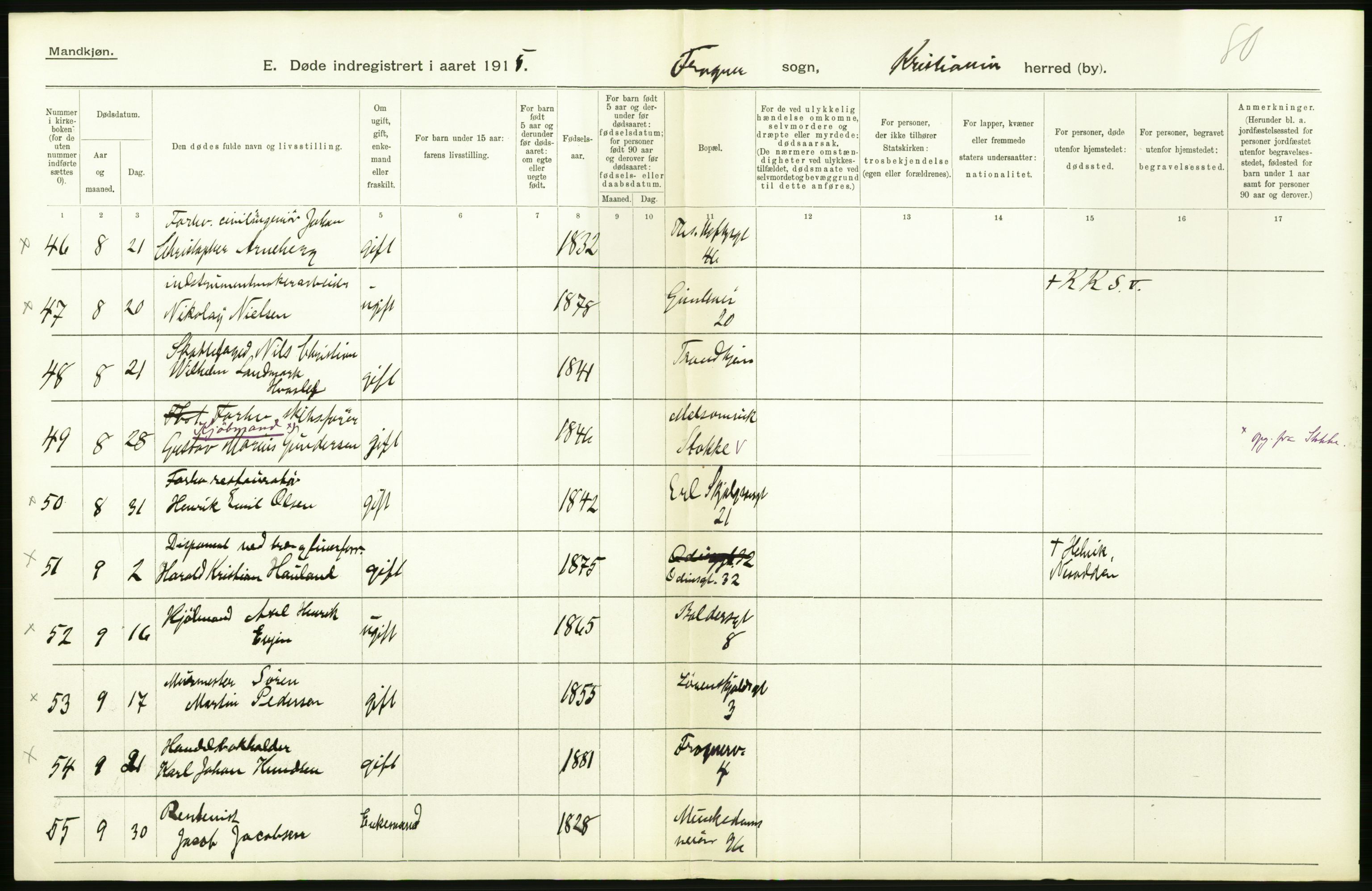 Statistisk sentralbyrå, Sosiodemografiske emner, Befolkning, AV/RA-S-2228/D/Df/Dfb/Dfbe/L0009: Kristiania: Døde., 1915, p. 478