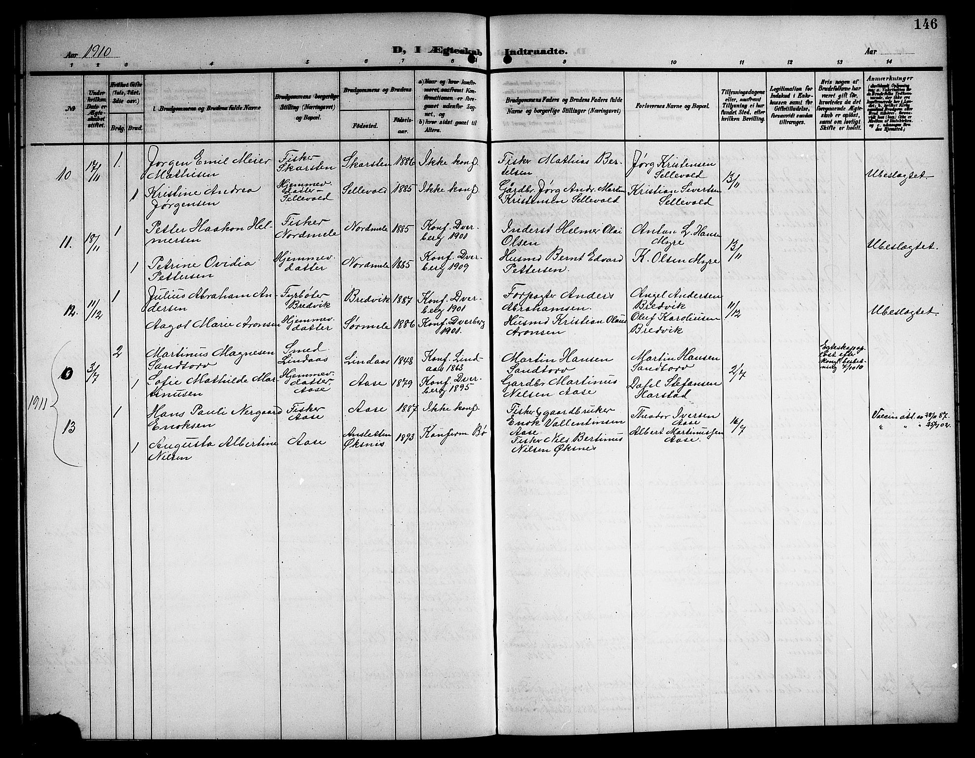 Ministerialprotokoller, klokkerbøker og fødselsregistre - Nordland, AV/SAT-A-1459/897/L1414: Parish register (copy) no. 897C04, 1904-1915, p. 146