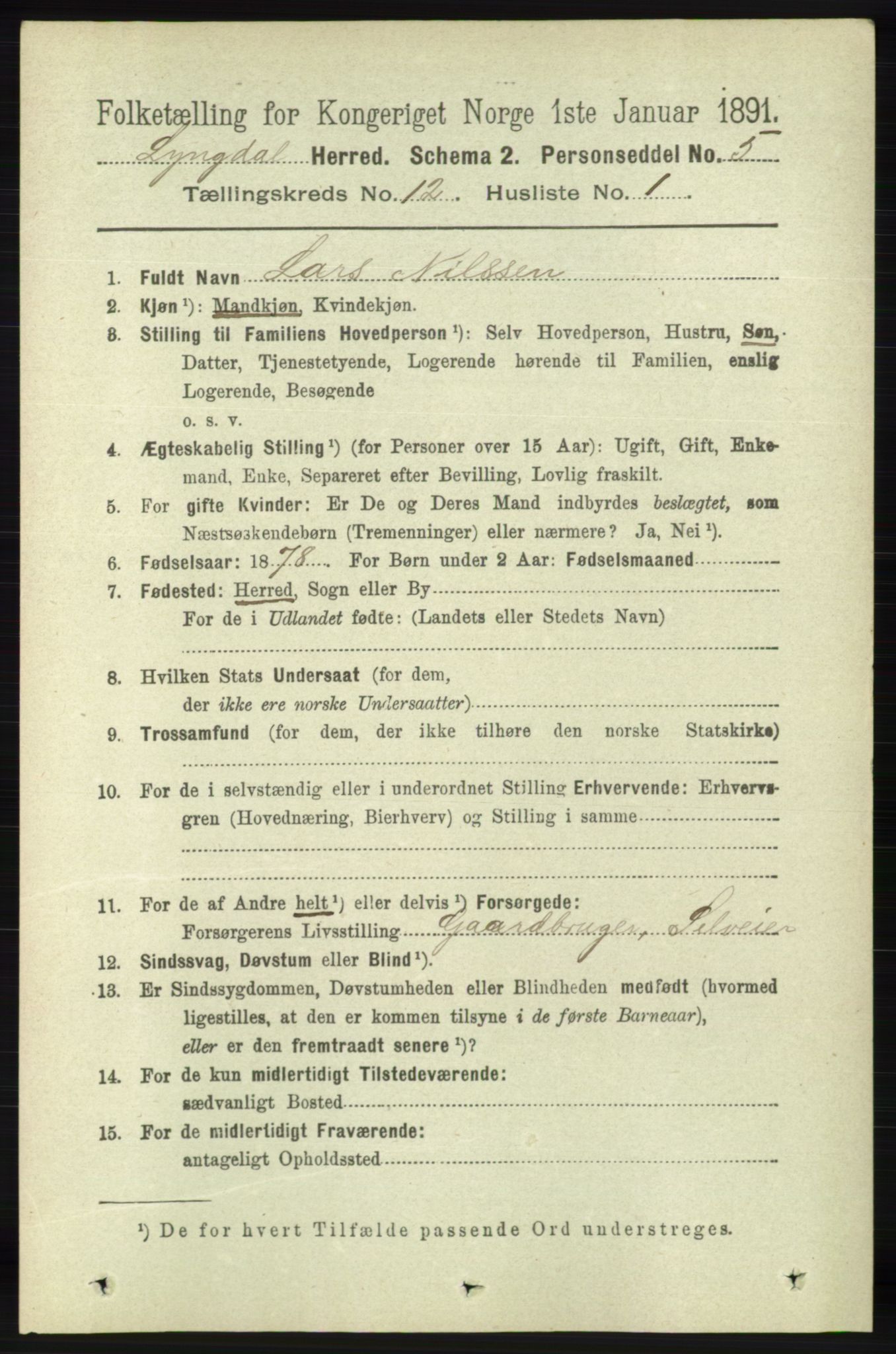 RA, 1891 census for 1032 Lyngdal, 1891, p. 5261