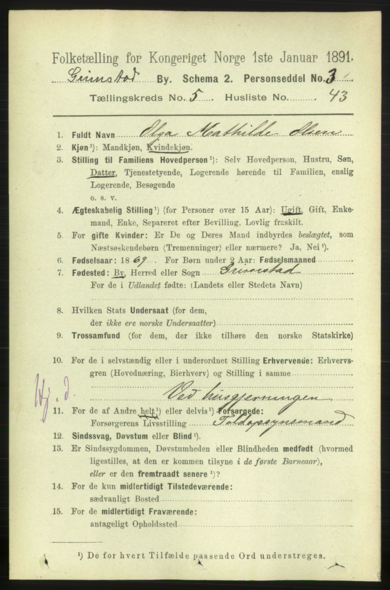 RA, 1891 census for 0904 Grimstad, 1891, p. 3368