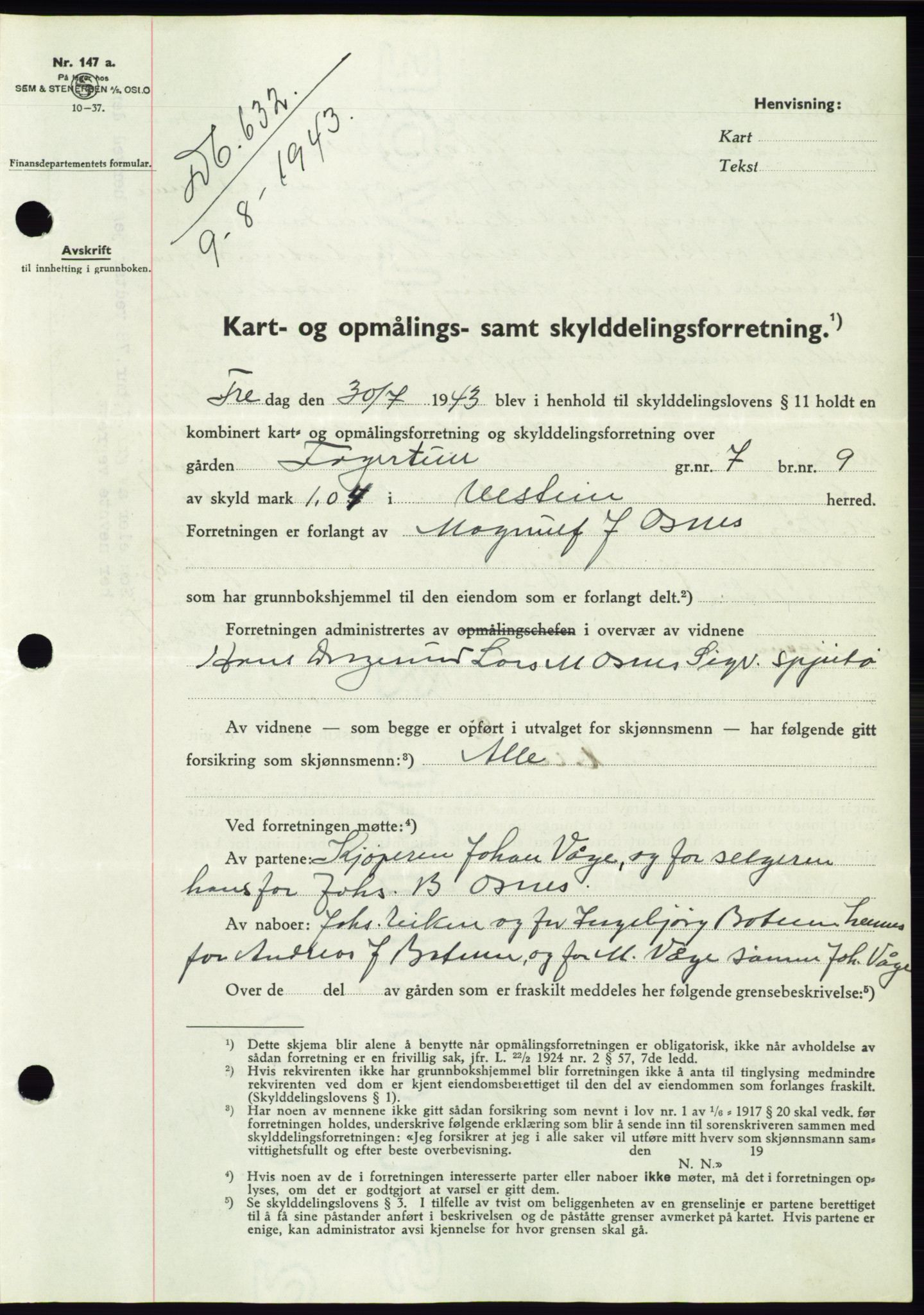 Søre Sunnmøre sorenskriveri, AV/SAT-A-4122/1/2/2C/L0075: Mortgage book no. 1A, 1943-1943, Diary no: : 632/1943