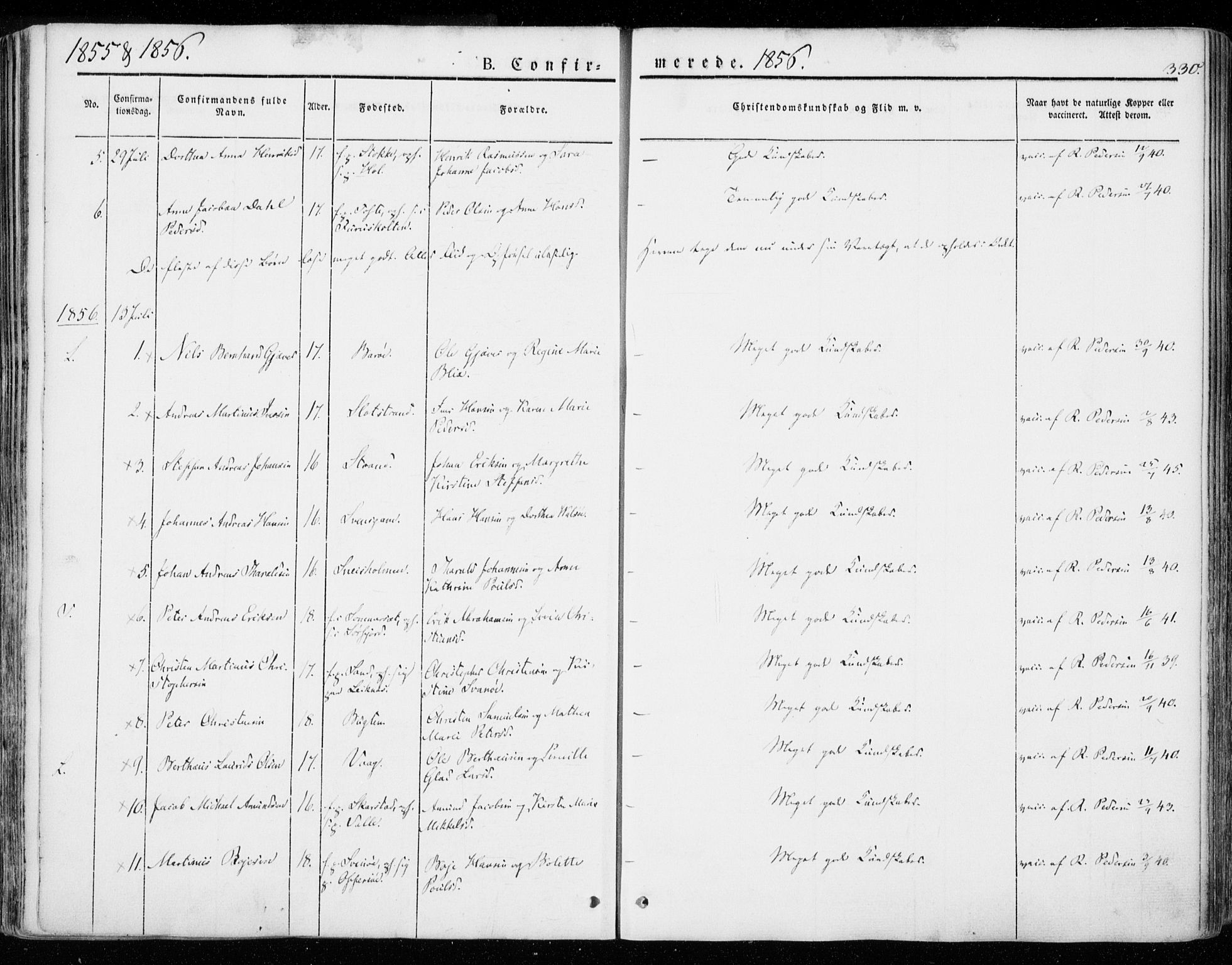 Ministerialprotokoller, klokkerbøker og fødselsregistre - Nordland, AV/SAT-A-1459/872/L1033: Parish register (official) no. 872A08, 1840-1863, p. 330