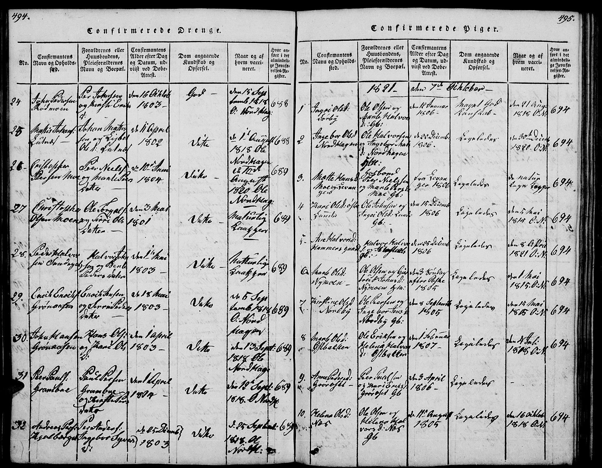 Trysil prestekontor, SAH/PREST-046/H/Ha/Hab/L0004: Parish register (copy) no. 4, 1814-1841, p. 494-495