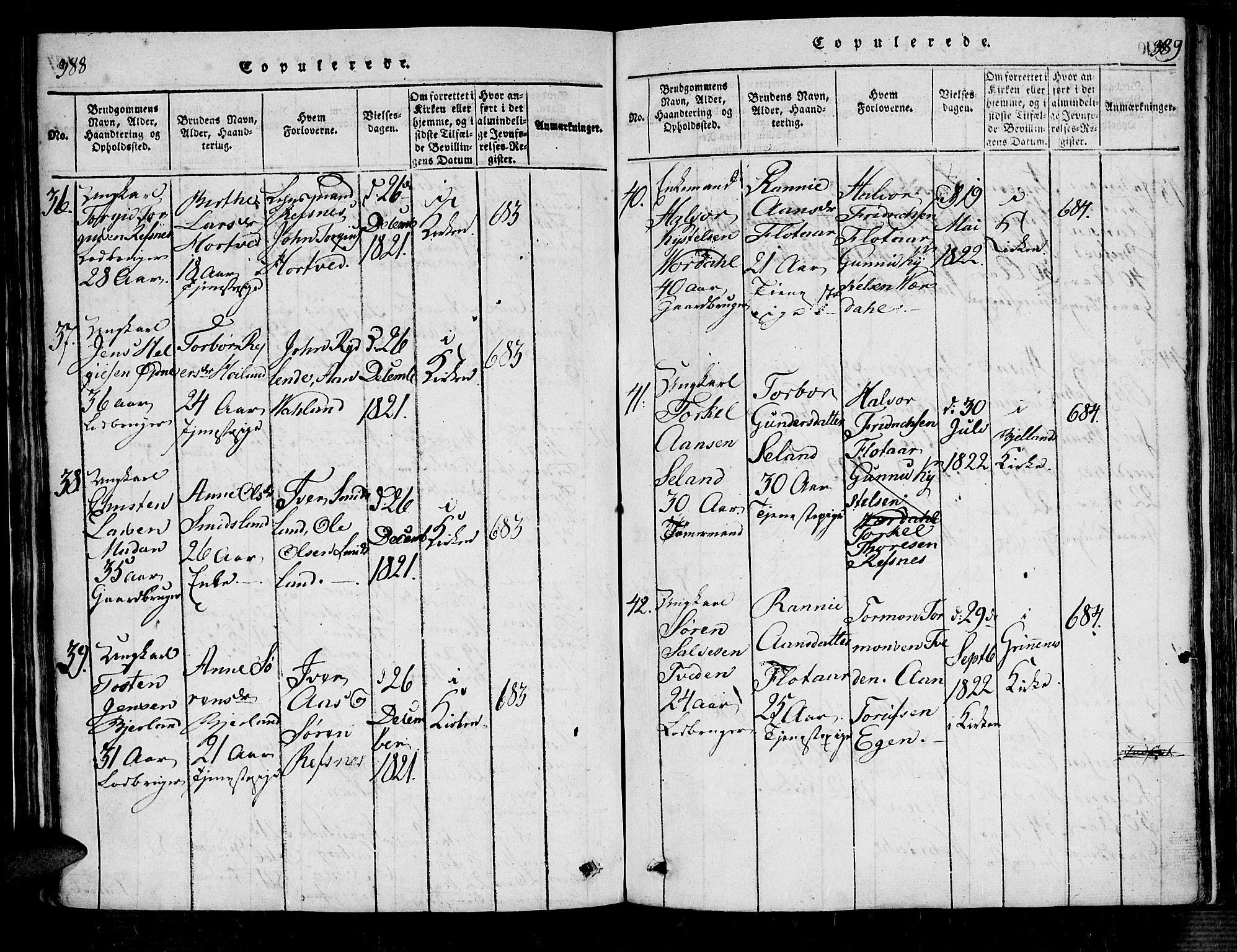 Bjelland sokneprestkontor, SAK/1111-0005/F/Fa/Fac/L0001: Parish register (official) no. A 1, 1815-1866, p. 388-389