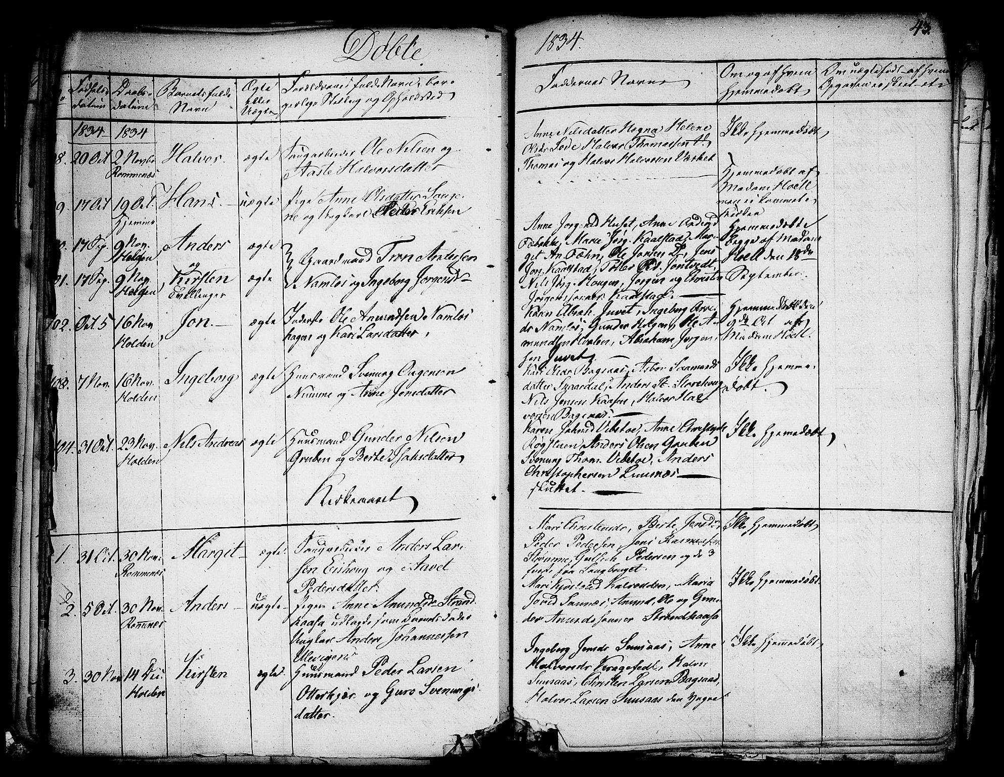 Holla kirkebøker, AV/SAKO-A-272/F/Fa/L0004: Parish register (official) no. 4, 1830-1848, p. 43