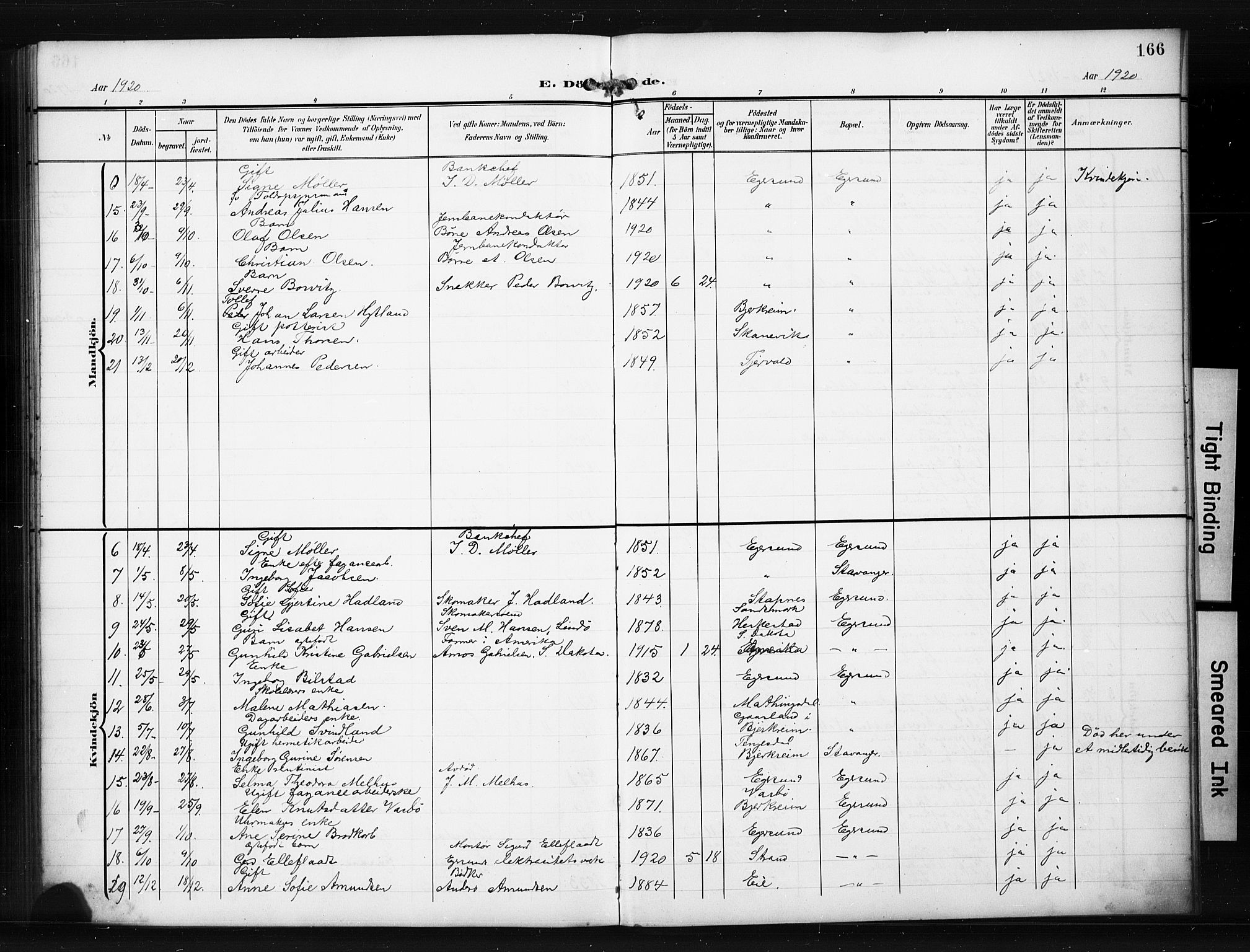 Eigersund sokneprestkontor, AV/SAST-A-101807/S09/L0012: Parish register (copy) no. B 12, 1908-1930, p. 166