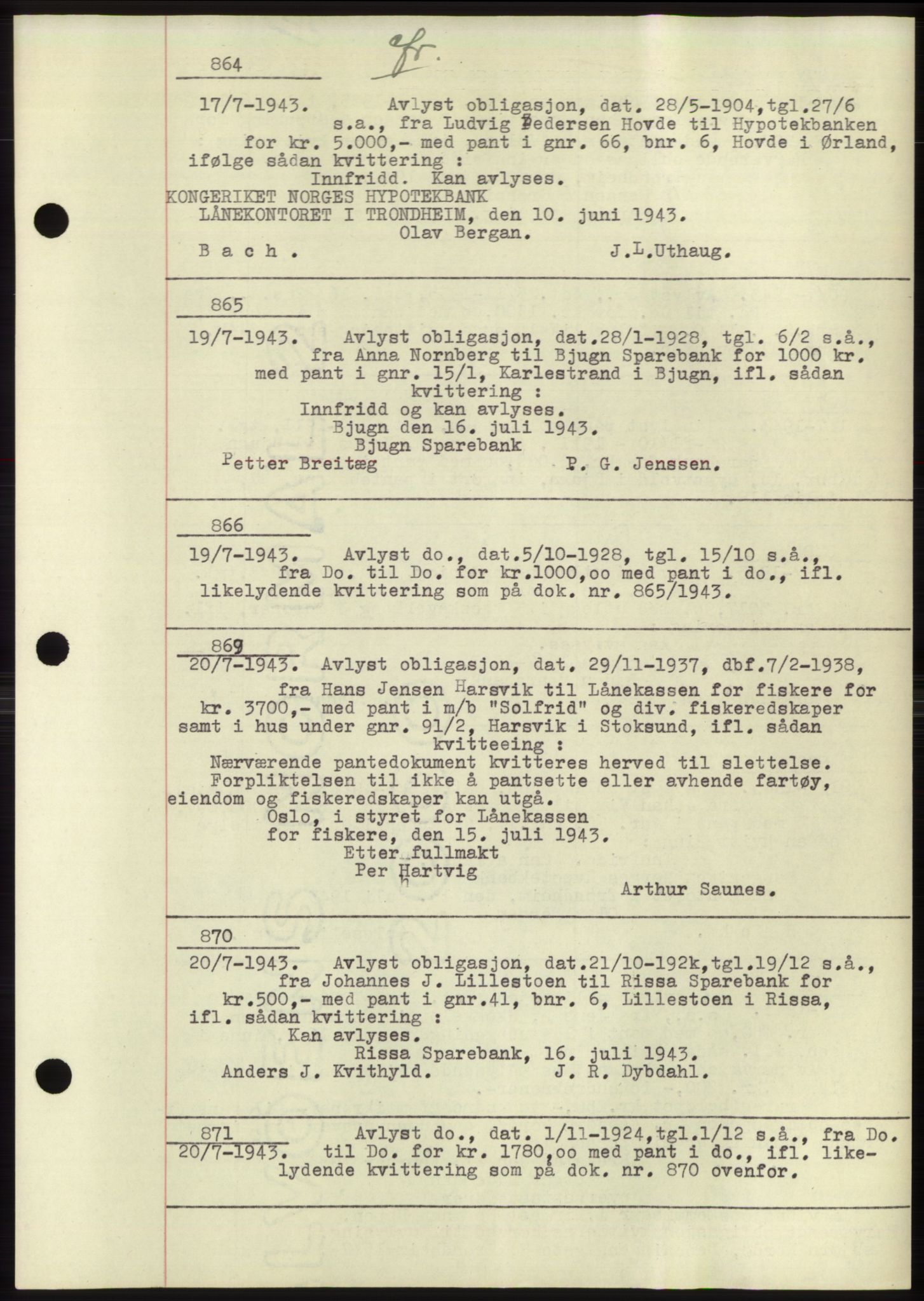 Fosen sorenskriveri, AV/SAT-A-1107/1/2/2C: Mortgage book no. B1, 1943-1946, Diary no: : 864/1943