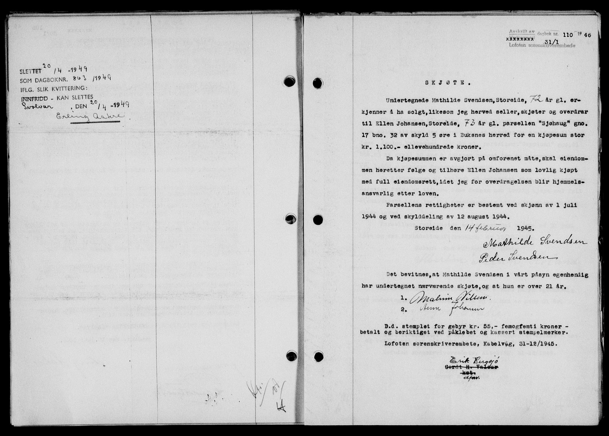 Lofoten sorenskriveri, SAT/A-0017/1/2/2C/L0013a: Mortgage book no. 13a, 1944-1946, Diary no: : 110/1946
