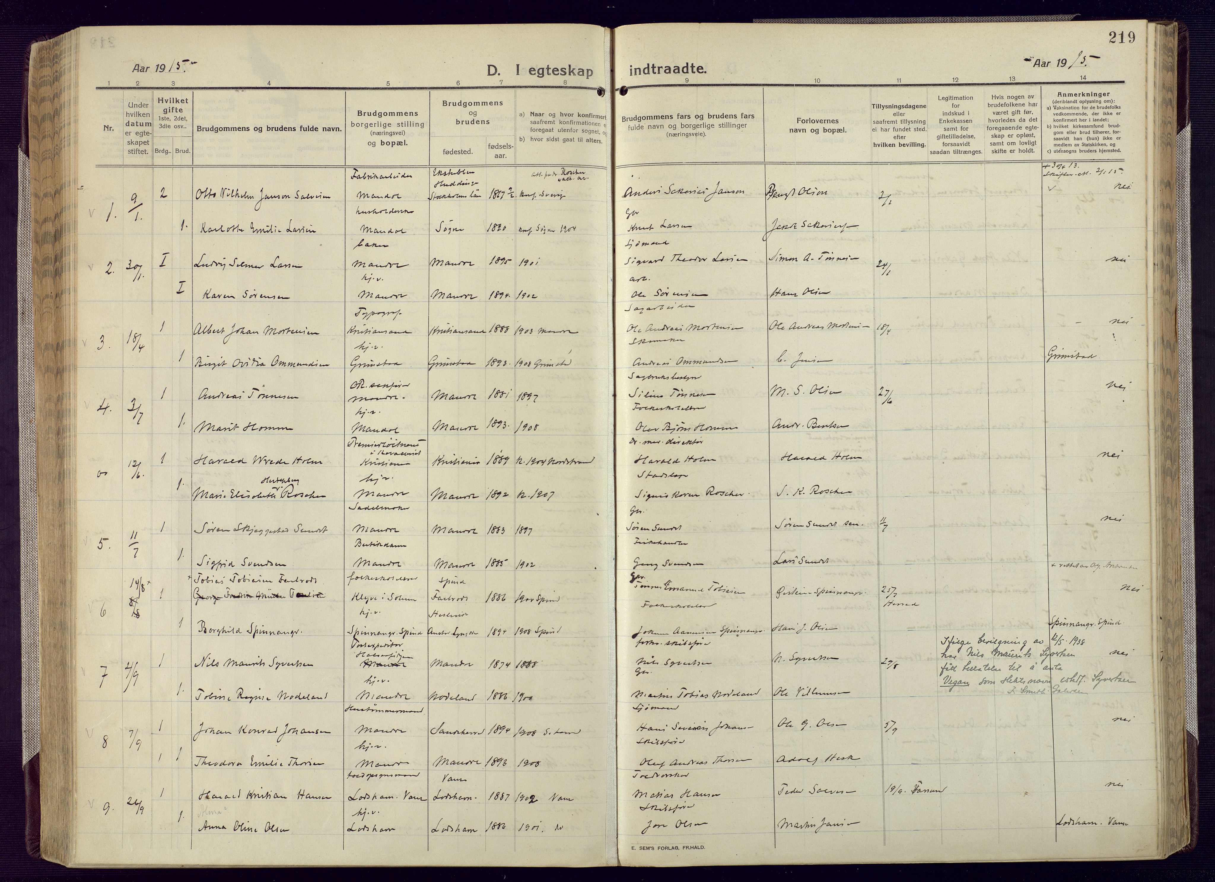 Mandal sokneprestkontor, SAK/1111-0030/F/Fa/Fac/L0001: Parish register (official) no. A 1, 1913-1925, p. 219