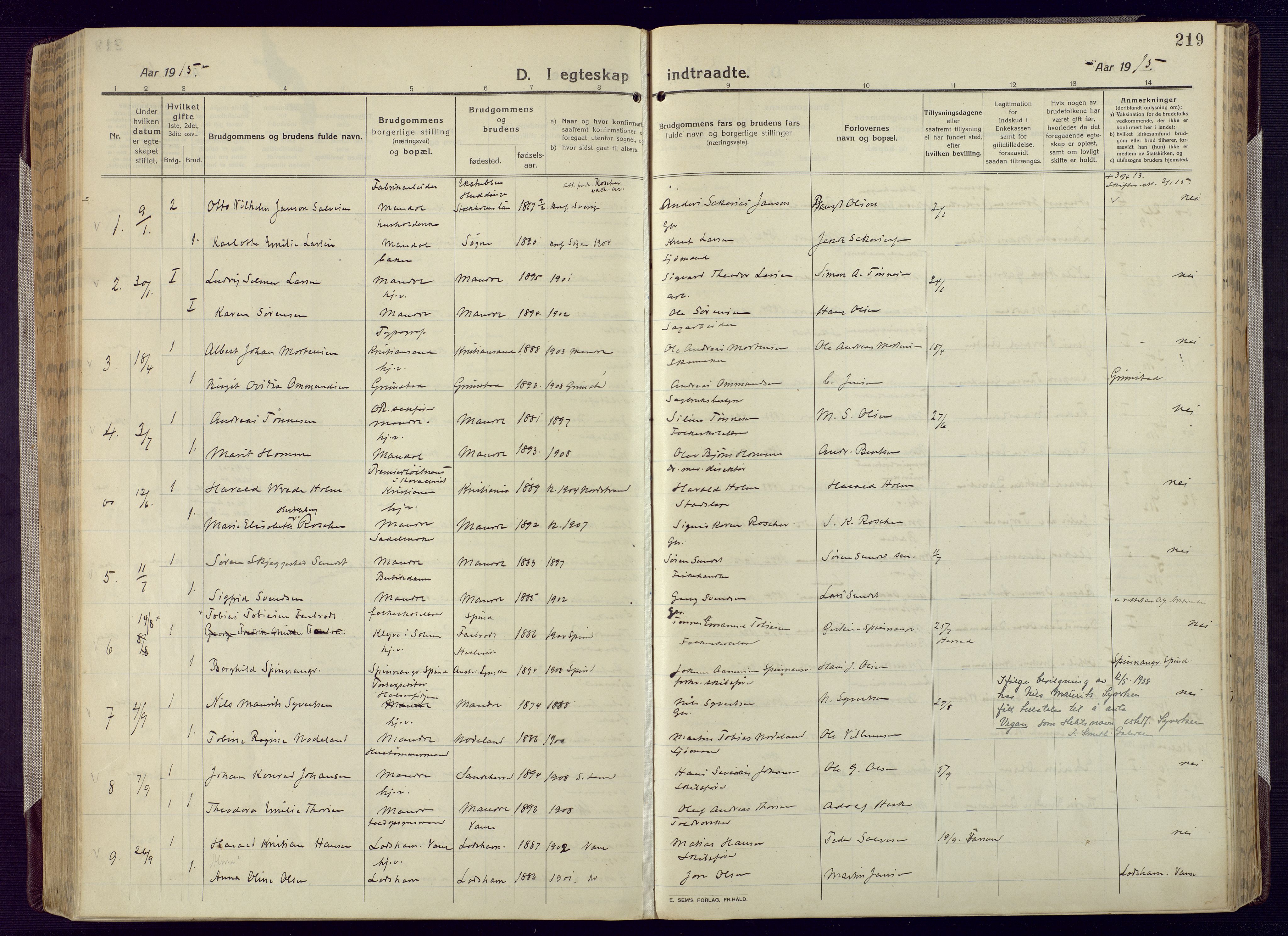 Mandal sokneprestkontor, AV/SAK-1111-0030/F/Fa/Fac/L0001: Parish register (official) no. A 1, 1913-1925, p. 219