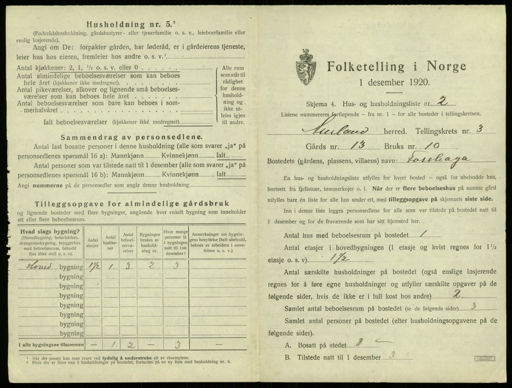 SAB, 1920 census for Aurland, 1920, p. 257