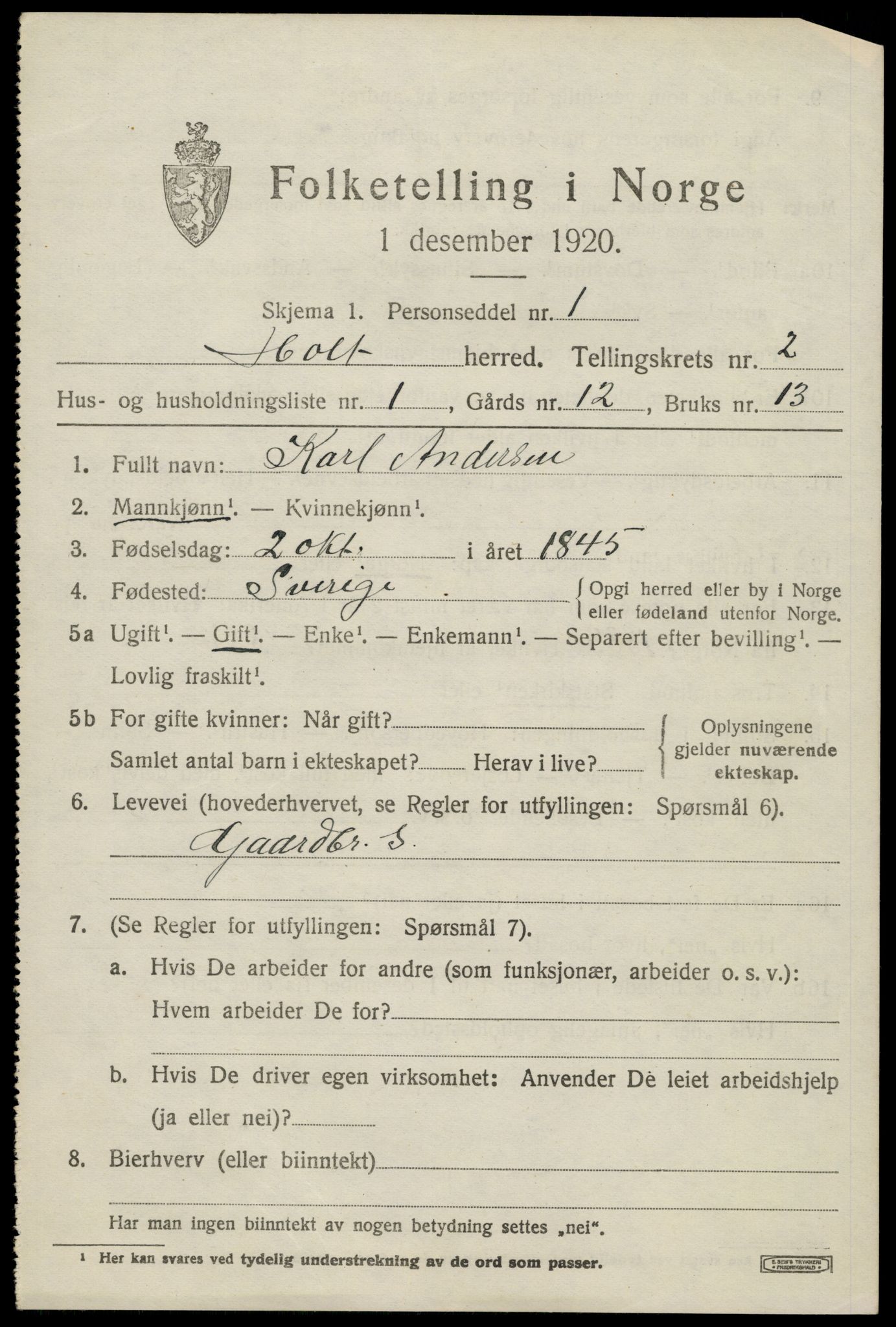 SAK, 1920 census for Holt, 1920, p. 2086